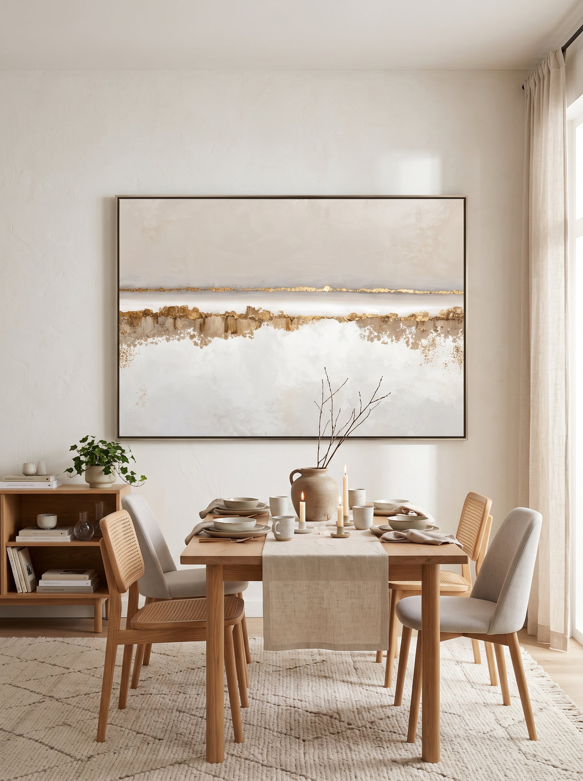 Framed neutral textured gold horizon oil painting displayed in open-concept dining room with wood furniture