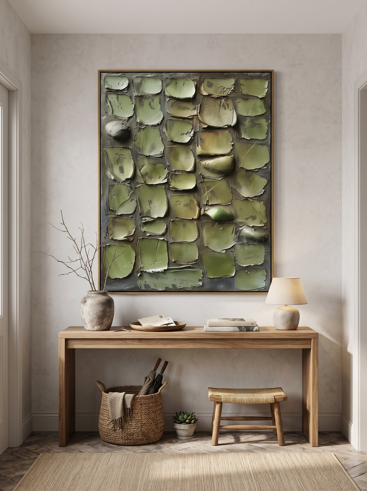 Sculptural sage green relief canvas painting hung above wooden console table in contemporary Japandi entryway