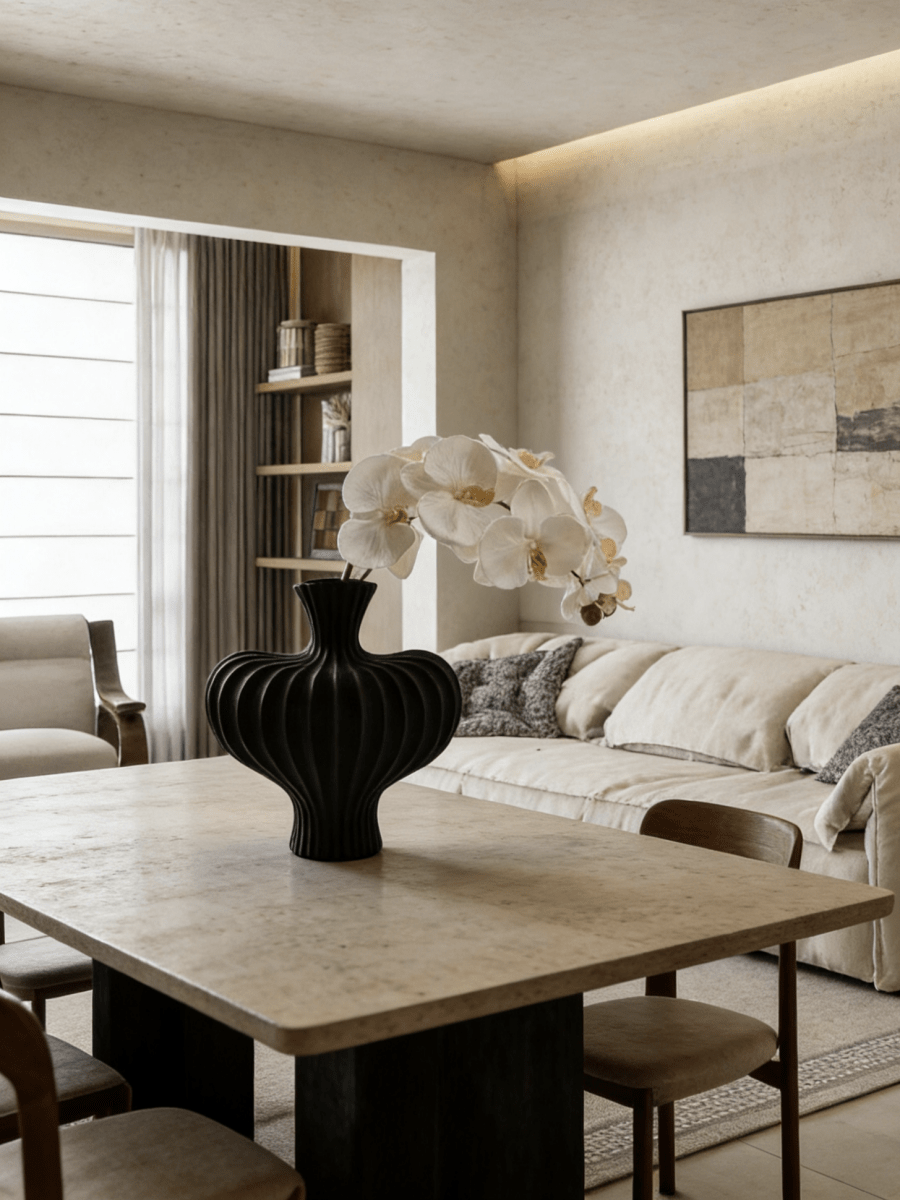 sculptural fluted ceramic vases in black, cream, and terracotta rust, organic heart-shaped silhouette, artistic home decor.