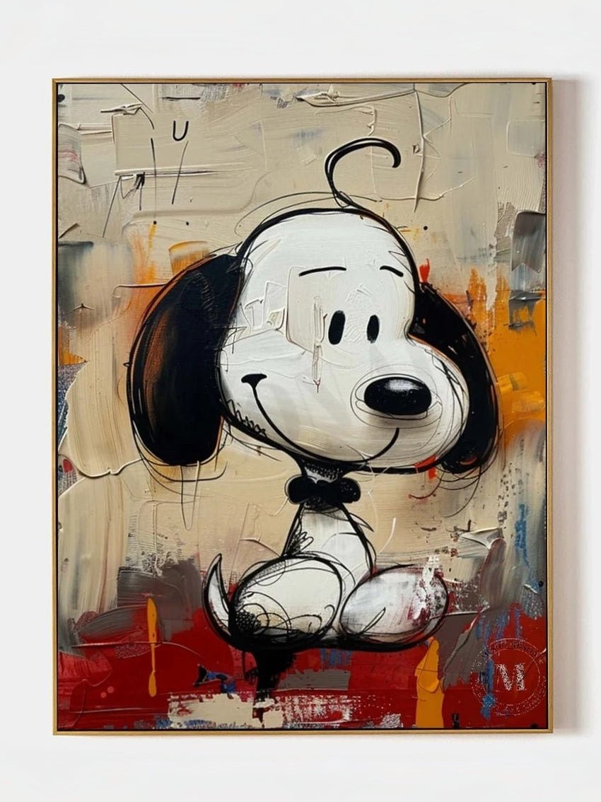 pop art painting– Snoopy cartoon character against textured abstract background, nostalgic wall art for modern interiors