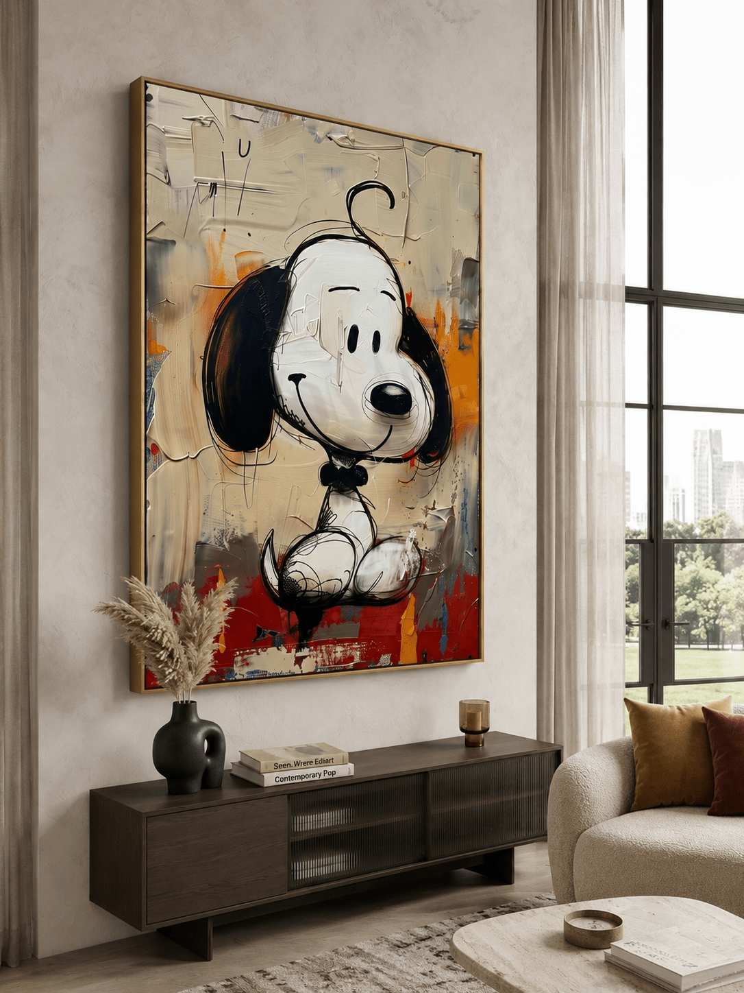 Hand-painted 3D textured street pop art cartoon dog painting by Kaelan Slate for modern home decor.