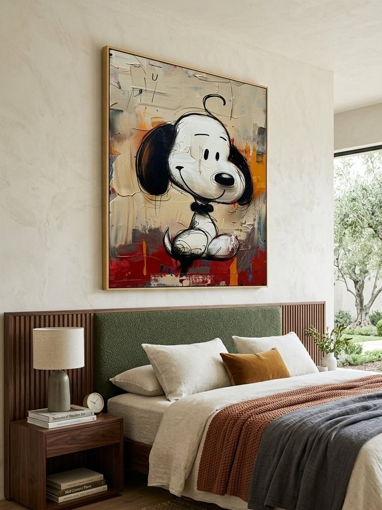 Hand-painted 3D textured street pop art cartoon dog painting by Kaelan Slate for modern home decor.