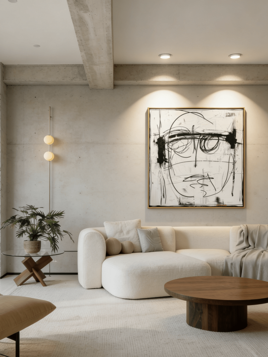 expressionist portrait painting – bold black linework on textured background, neo-expressionist art for modern interiors
