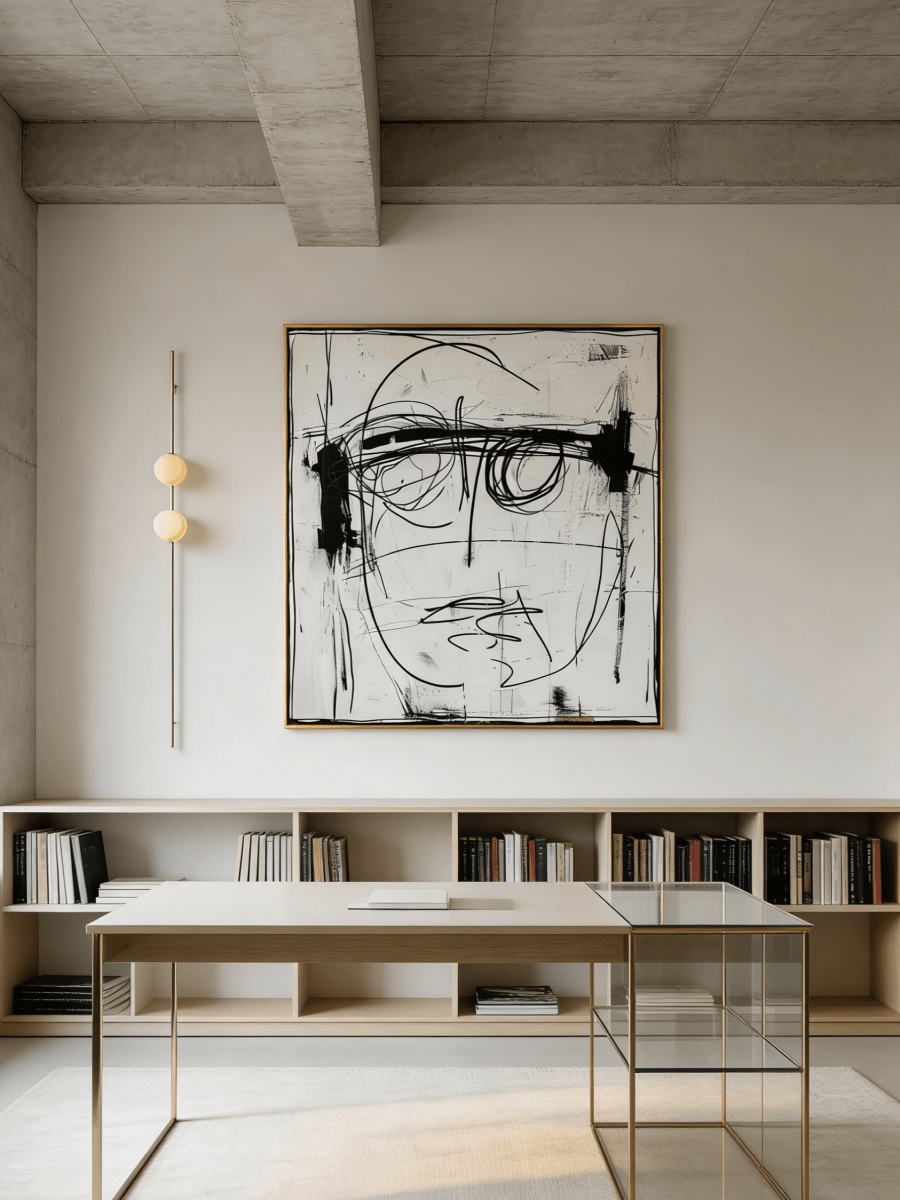 expressionist portrait painting – bold black linework on textured background, neo-expressionist art for modern interiors