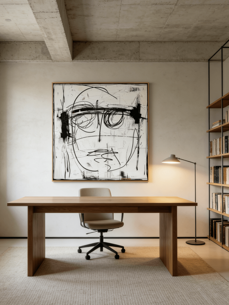 expressionist portrait painting – bold black linework on textured background, neo-expressionist art for modern interiors