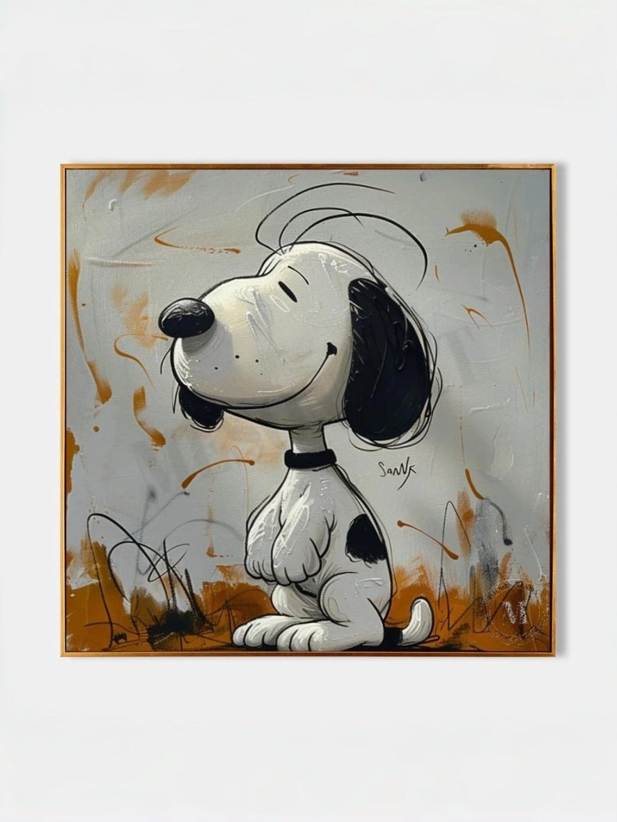 Hand-painted modern graffiti oil painting of Snoopy with black ink splatters and orange paint drips on a gray textured backgroun