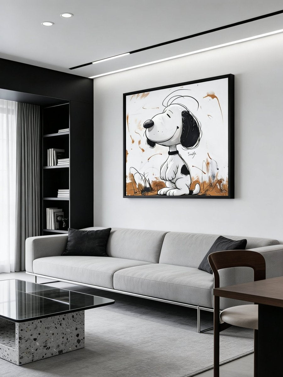 Hand-painted modern graffiti oil painting of Snoopy with black ink splatters and orange paint drips on a gray textured backgroun