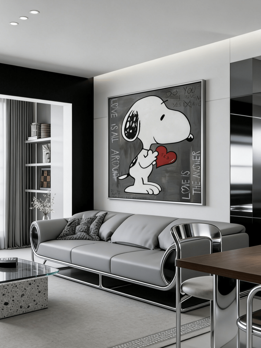 graffiti painting featuring a cartoon dog holding a red heart with "Love is the Answer" text on a textured gray background.