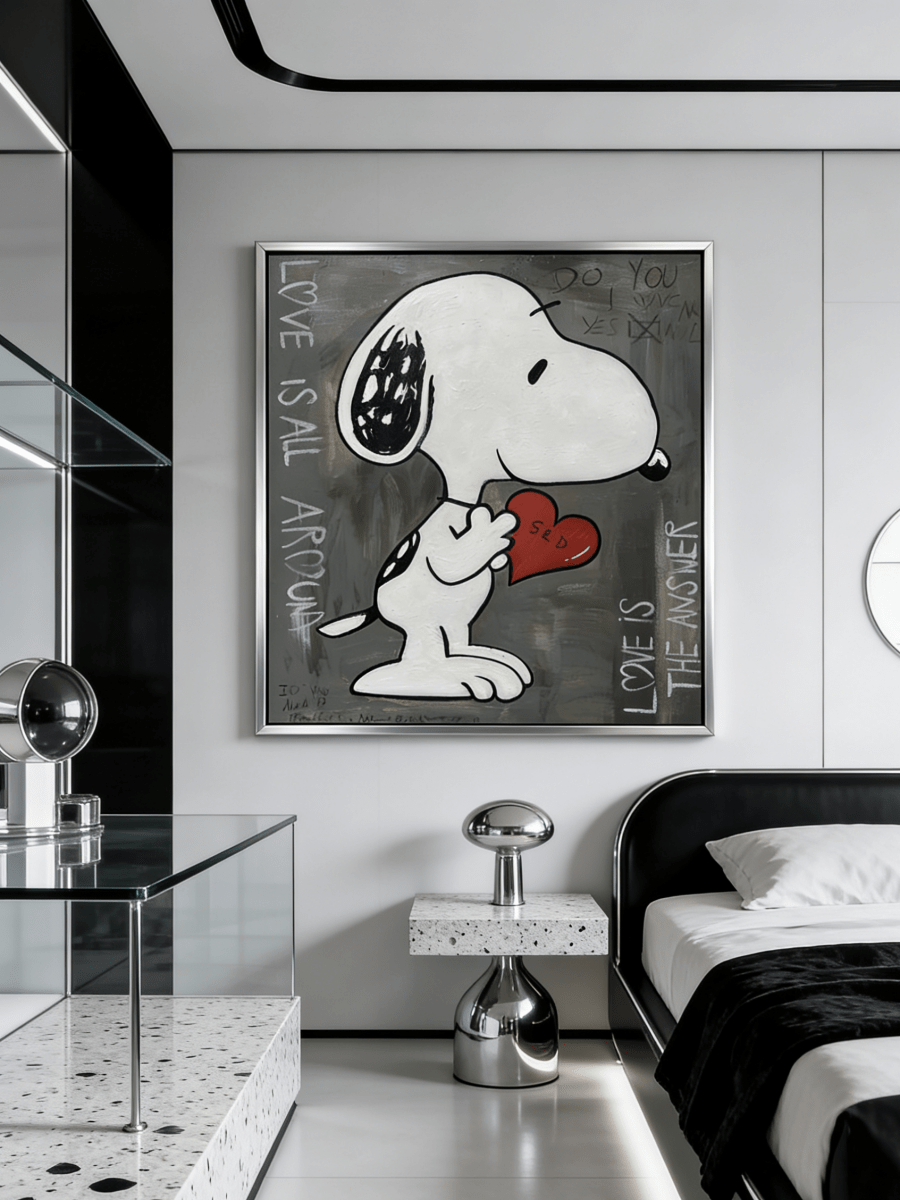 graffiti painting featuring a cartoon dog holding a red heart with "Love is the Answer" text on a textured gray background.