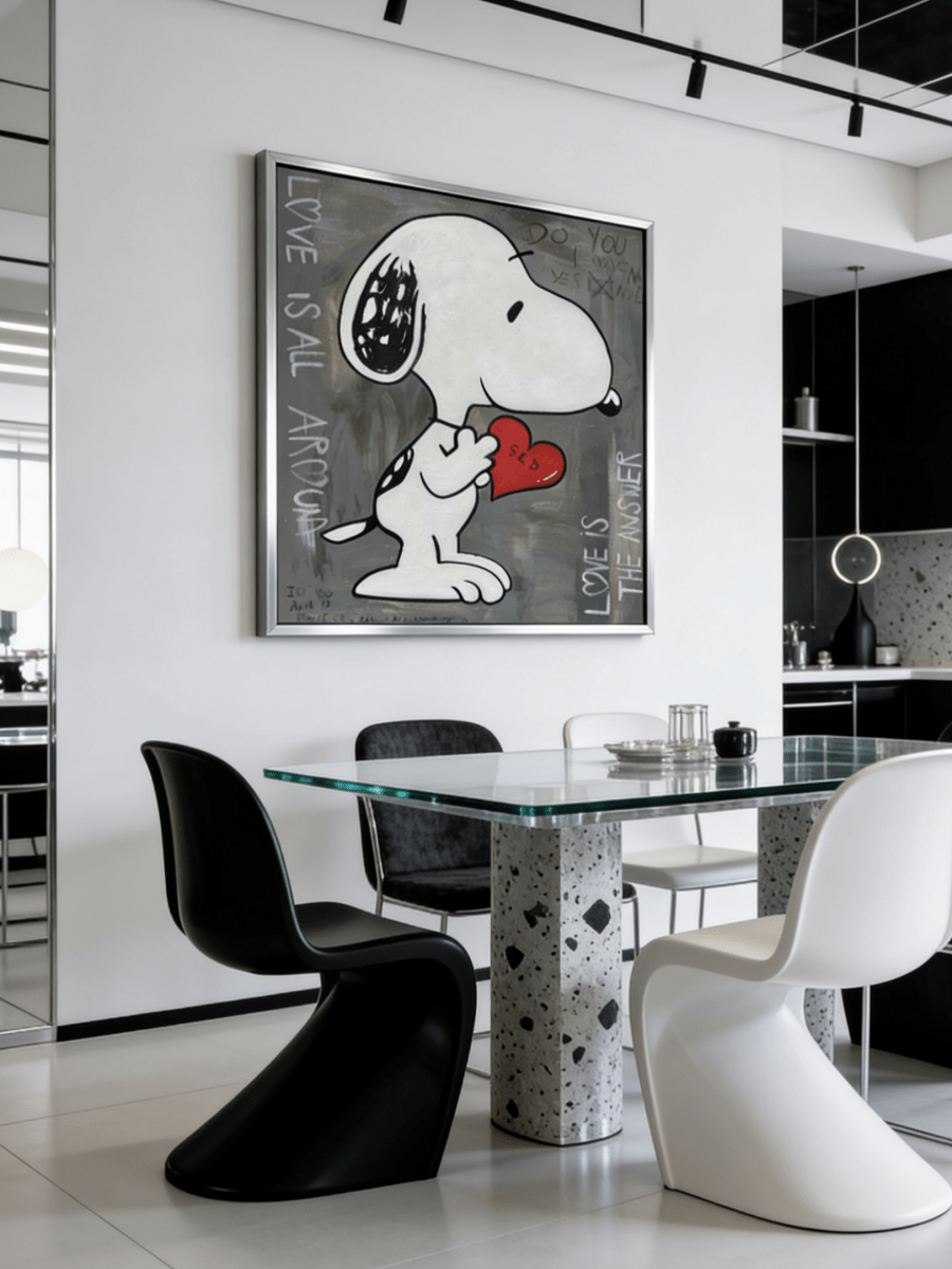 graffiti painting featuring a cartoon dog holding a red heart with "Love is the Answer" text on a textured gray background.