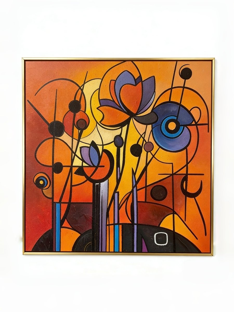 Hand-painted abstract oil painting featuring geometric orange flowers with bold black lines and purple accents on canvas.