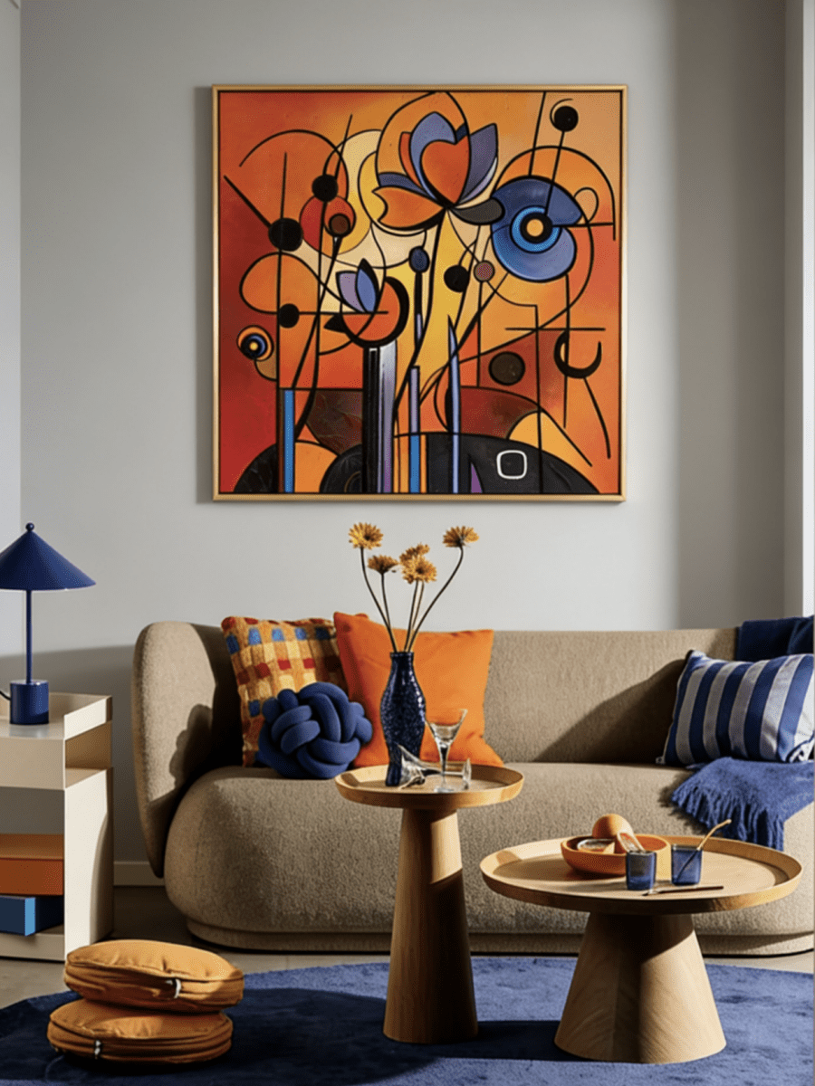 Hand-painted abstract oil painting featuring geometric orange flowers with bold black lines and purple accents on canvas.