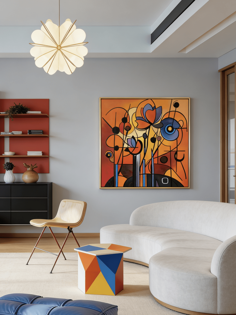 Hand-painted abstract oil painting featuring geometric orange flowers with bold black lines and purple accents on canvas.