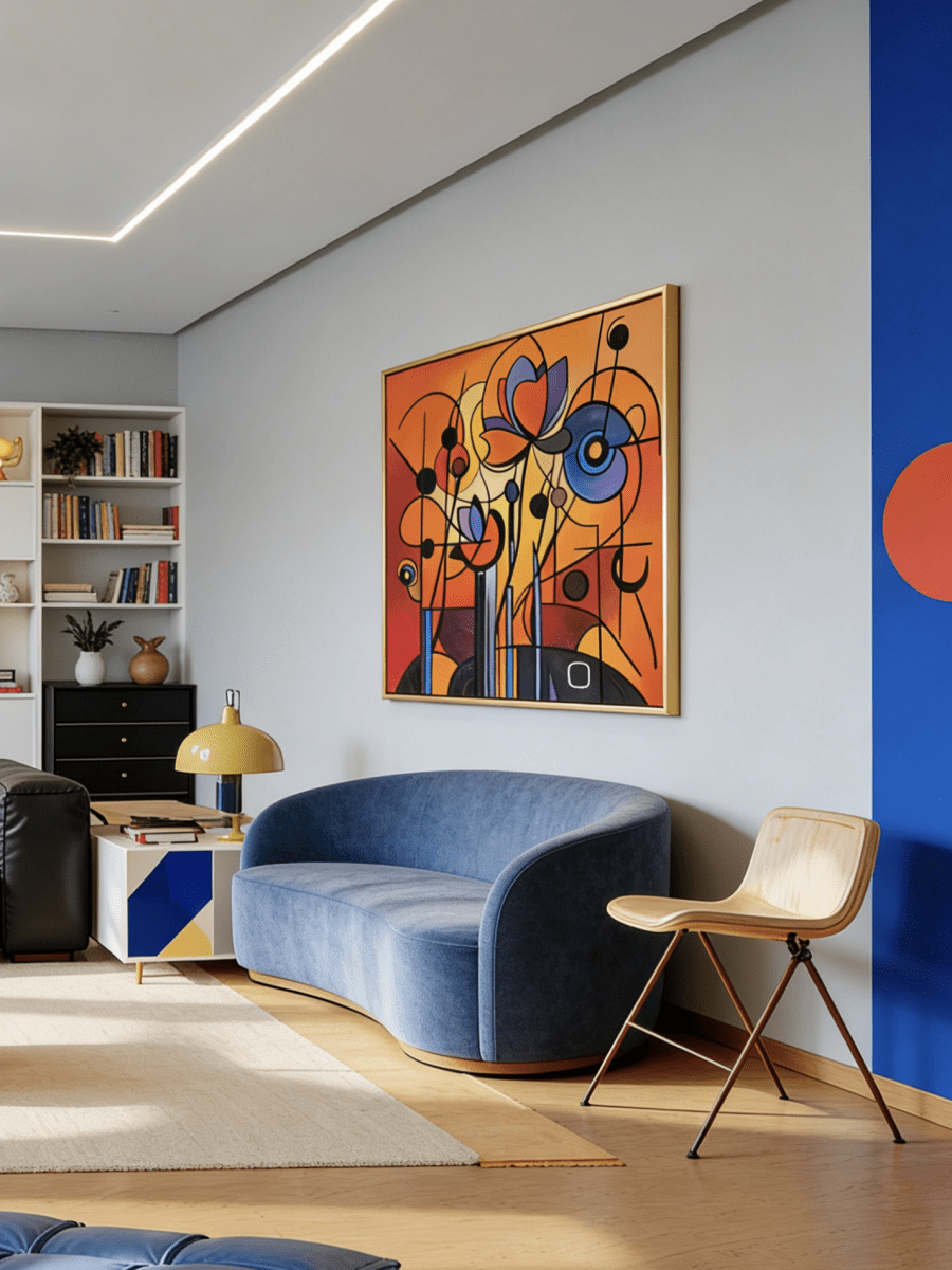 Hand-painted abstract oil painting featuring geometric orange flowers with bold black lines and purple accents on canvas.