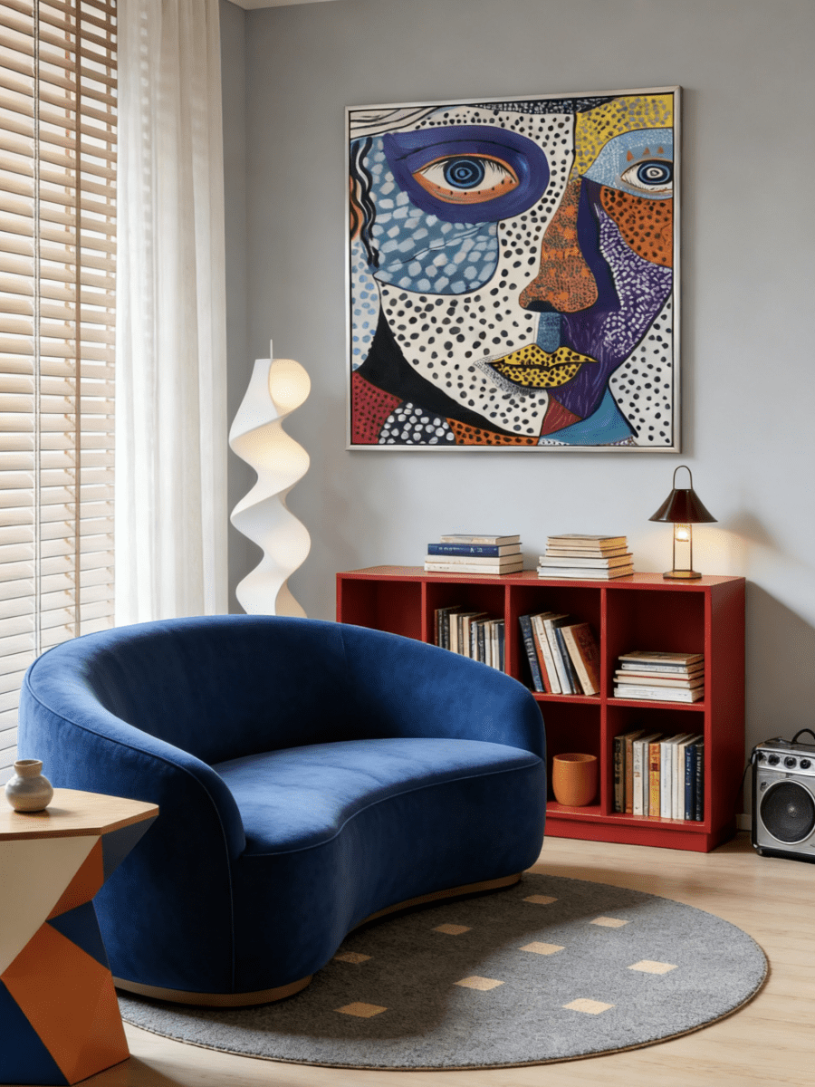 abstract pop expressionist portrait featuring a face with blue eyes, yellow lips, and colorful dot patterns on canvas.
