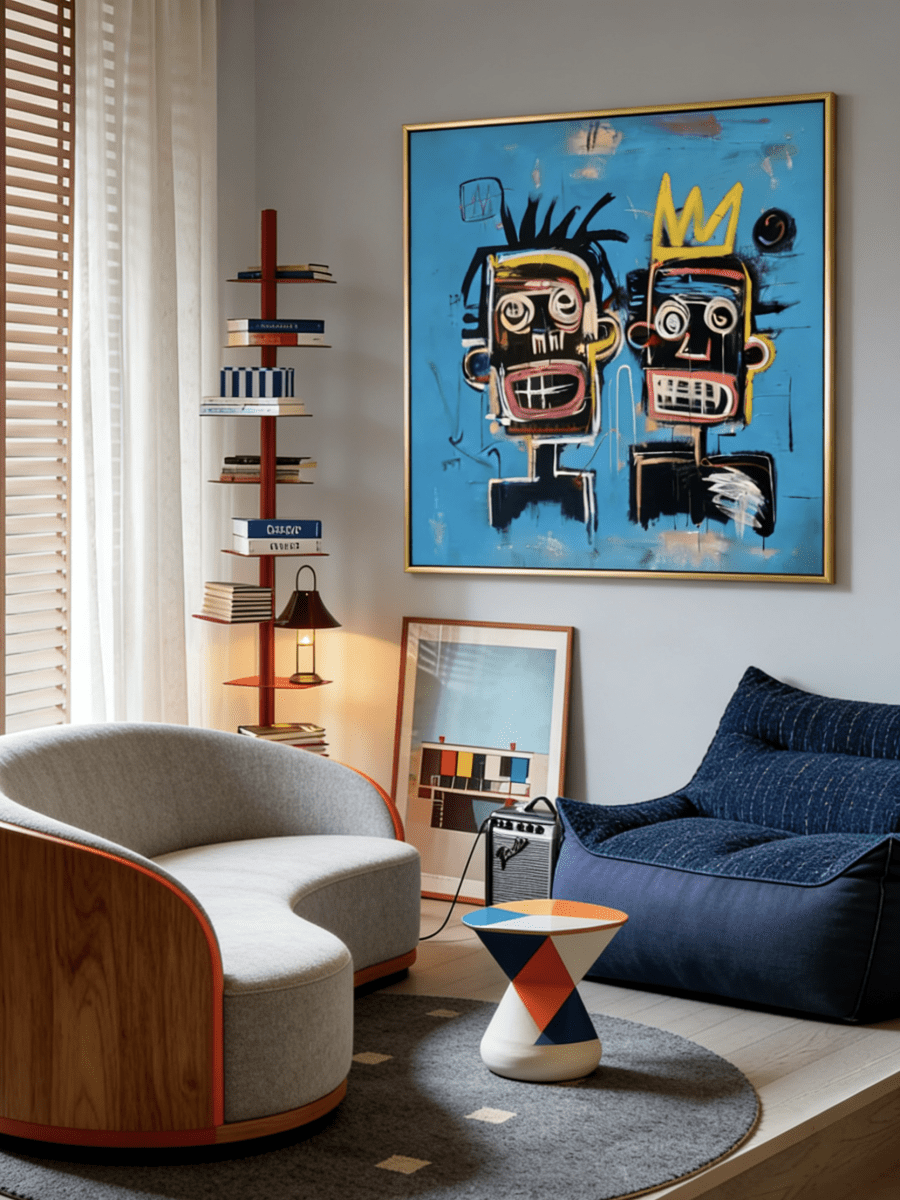 Hand-painted street graffiti art featuring two Basquiat-style figures with a yellow crown on a vibrant blue textured canvas.
