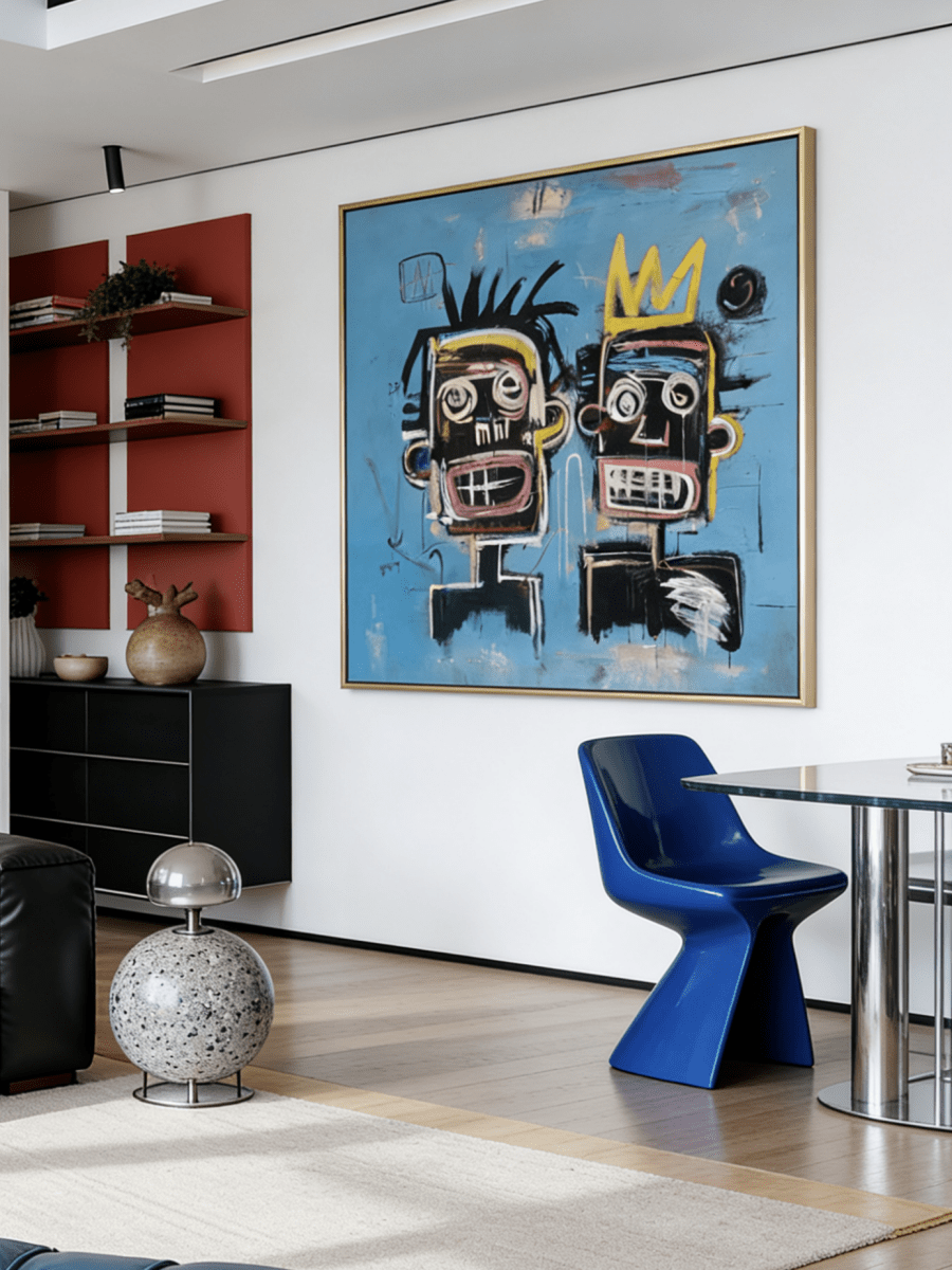 Hand-painted street graffiti art featuring two Basquiat-style figures with a yellow crown on a vibrant blue textured canvas.