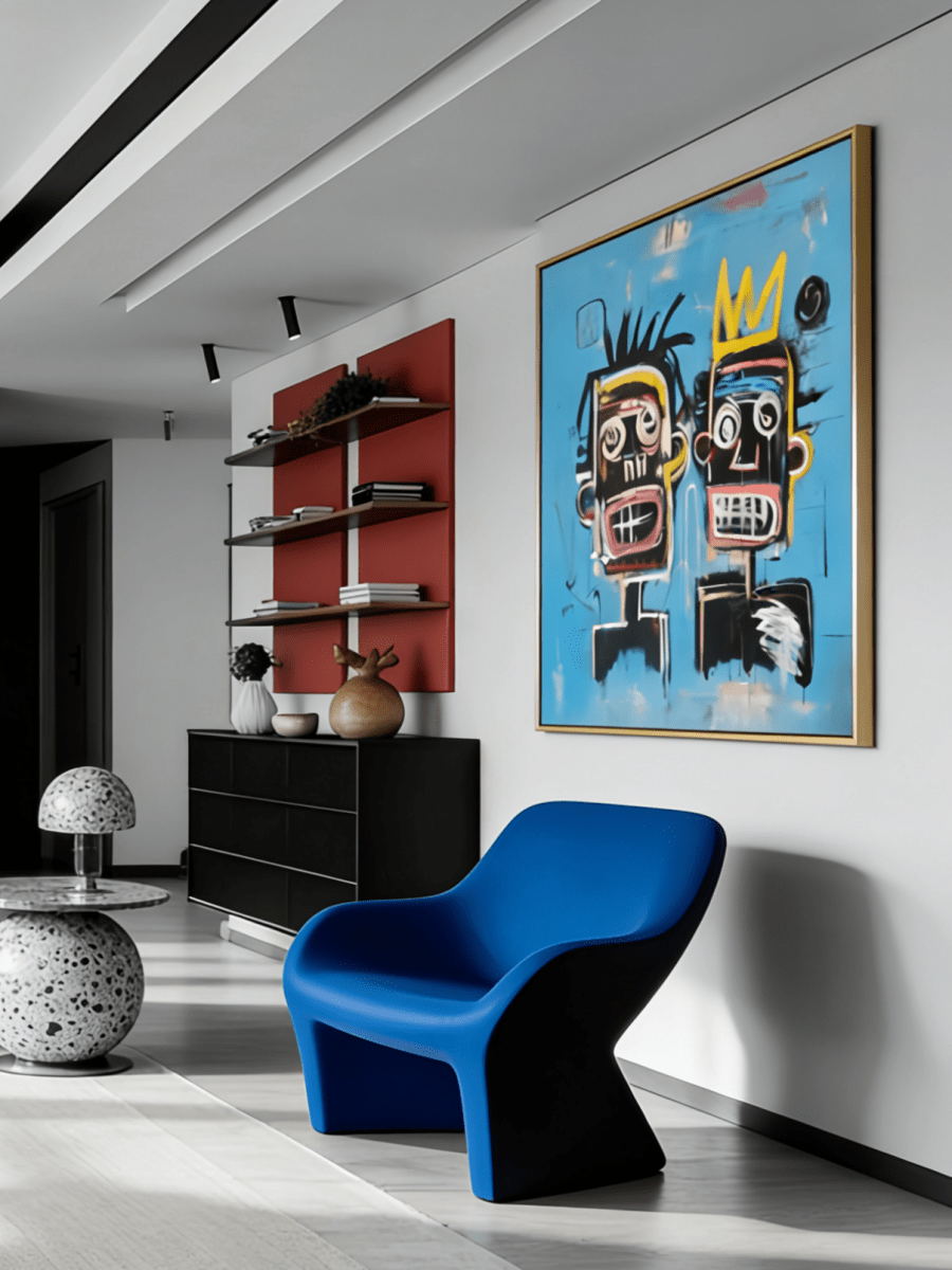 Hand-painted street graffiti art featuring two Basquiat-style figures with a yellow crown on a vibrant blue textured canvas.