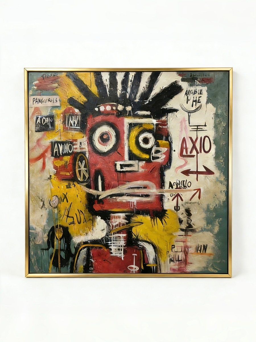 Hand-painted neo-expressionist oil painting by Kaelan Slate featuring a red graffiti portrait with symbols and arrows on a teal and yellow background.