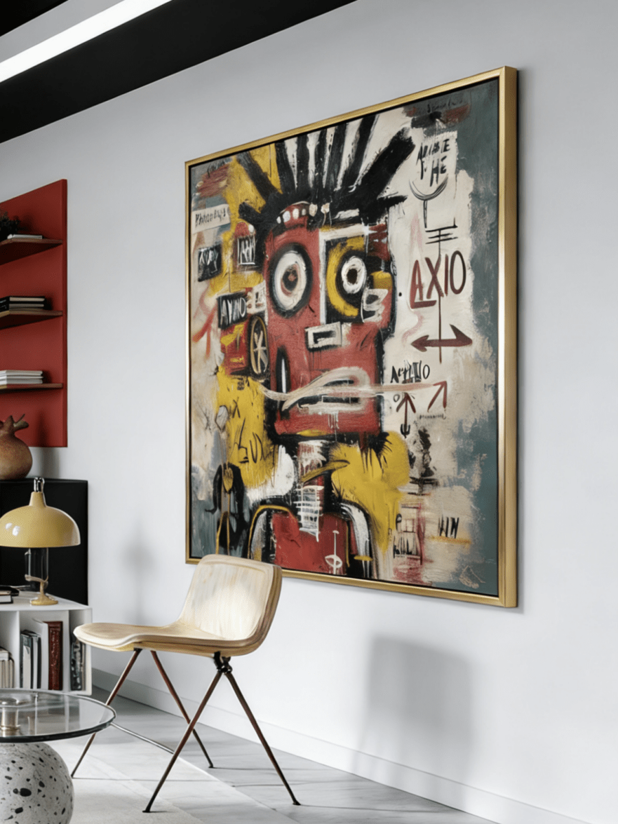 Hand-painted neo-expressionist oil painting by Kaelan Slate featuring a red graffiti portrait with symbols and arrows on a teal and yellow background.