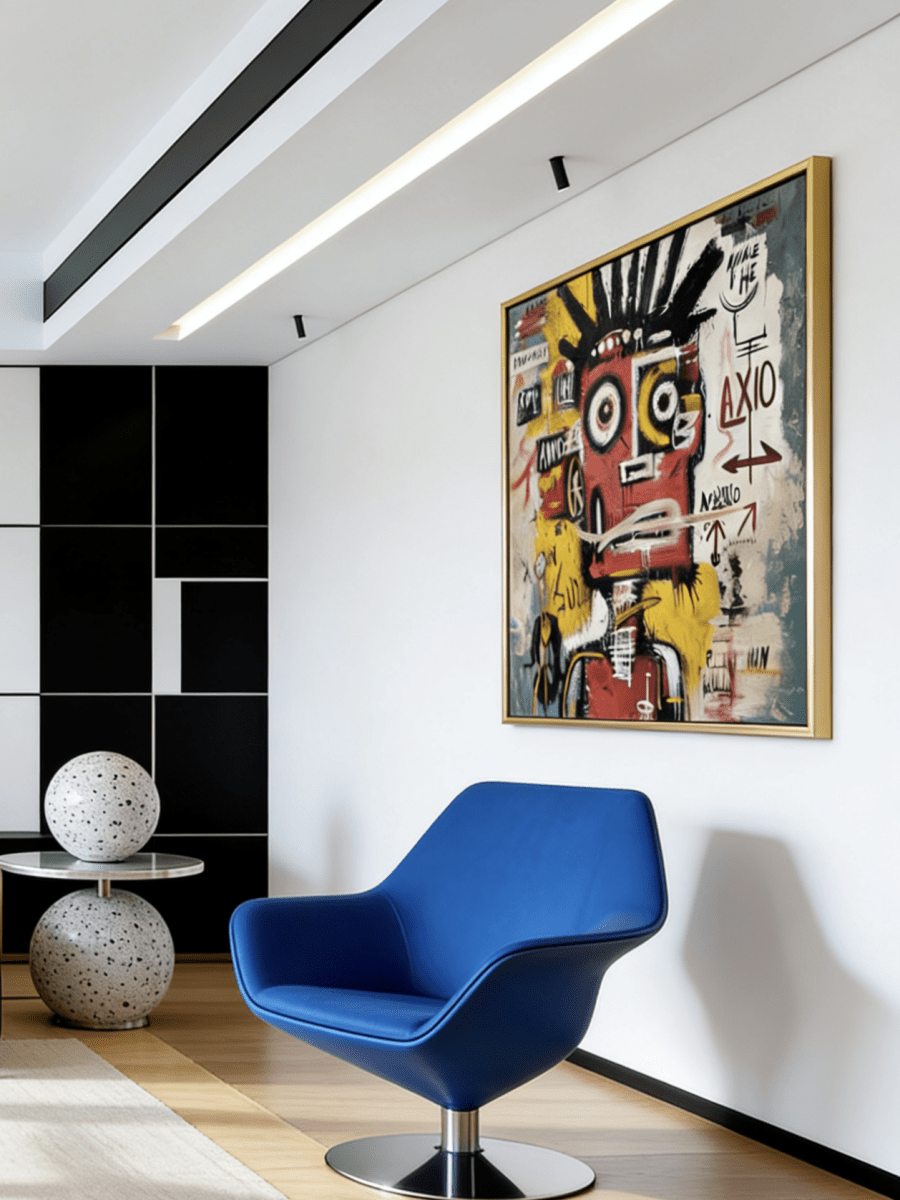 Hand-painted neo-expressionist oil painting by Kaelan Slate featuring a red graffiti portrait with symbols and arrows on a teal and yellow background.