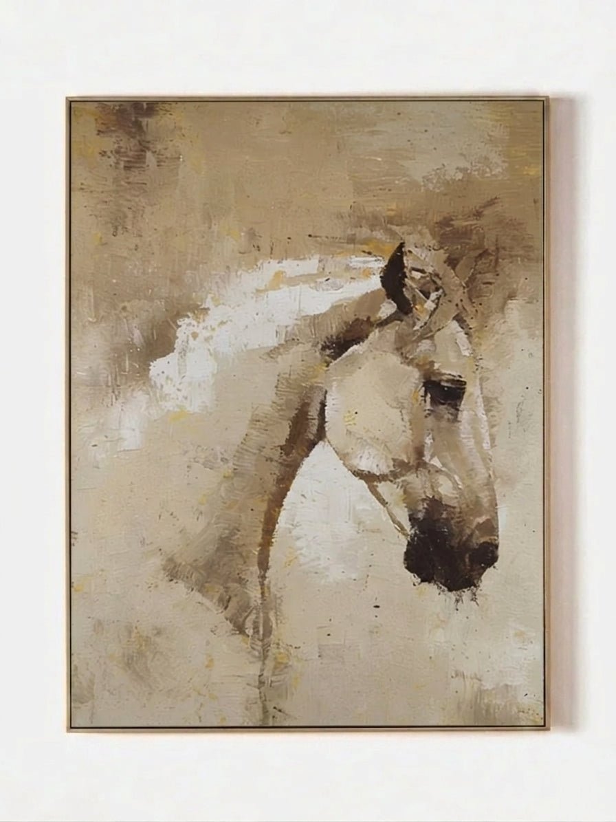 Hand-painted modern impressionist oil painting of a white horse head with heavy impasto texture in beige and cream tones