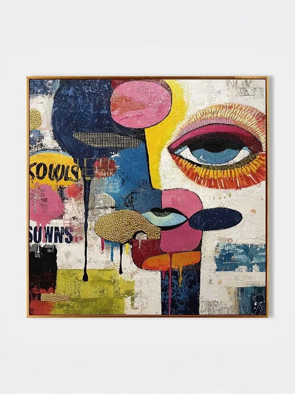 Large colorful hand-painted pop art abstract face with blue eye and graffiti drips, modern textured canvas wall art by Kaelan Slate for home office decor.