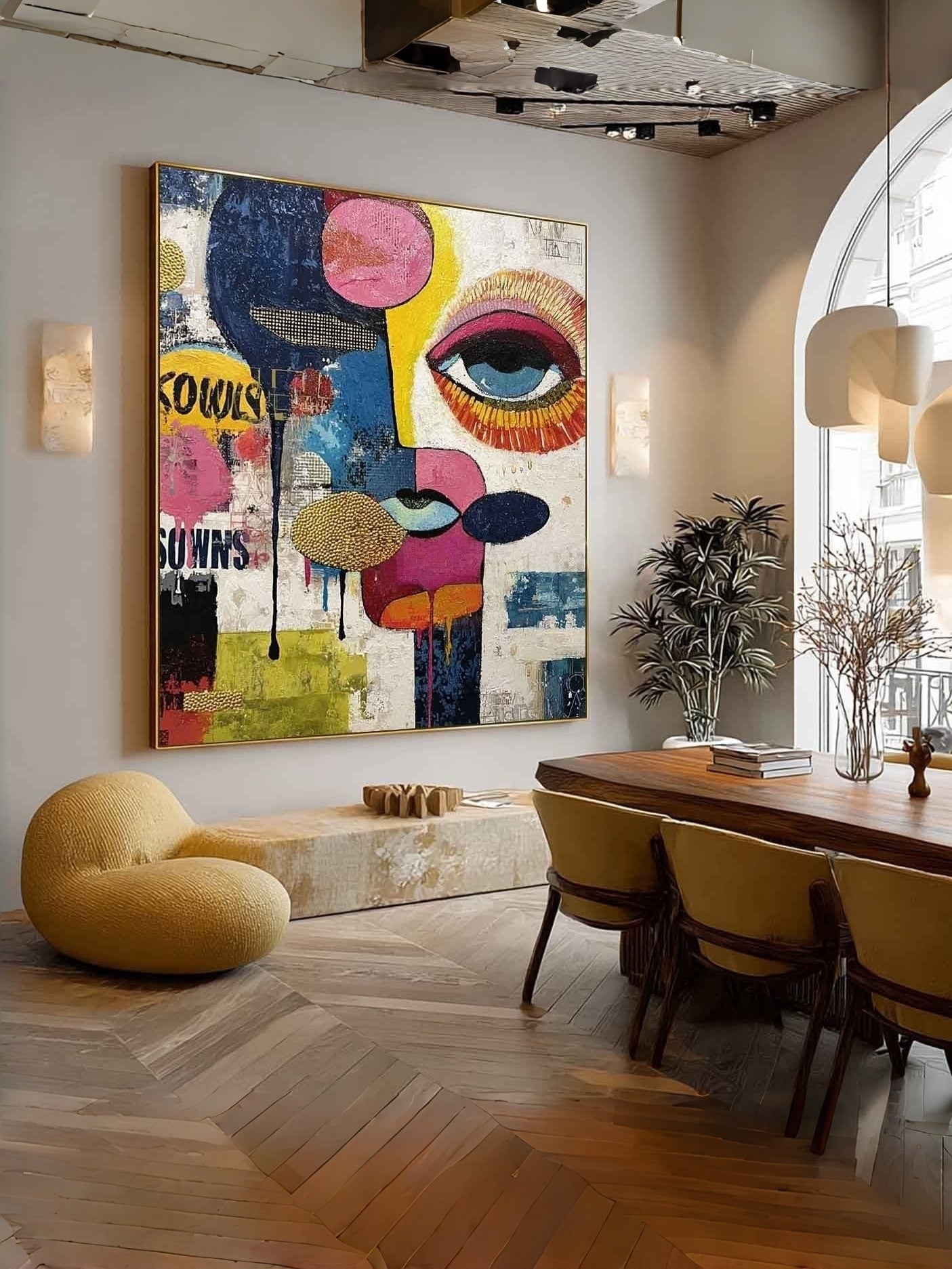 Large colorful hand-painted pop art abstract face with blue eye and graffiti drips, modern textured canvas wall art by Kaelan Slate for home office decor.