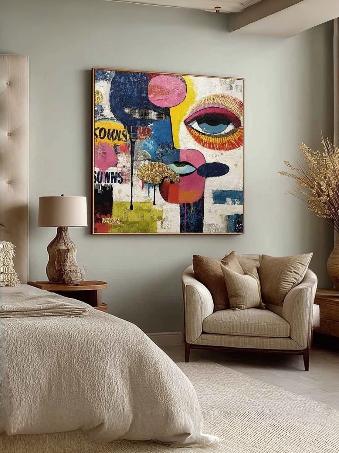 Large colorful hand-painted pop art abstract face with blue eye and graffiti drips, modern textured canvas wall art by Kaelan Slate for home office decor.