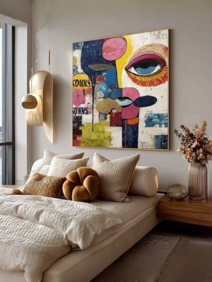Large colorful hand-painted pop art abstract face with blue eye and graffiti drips, modern textured canvas wall art by Kaelan Slate for home office decor.