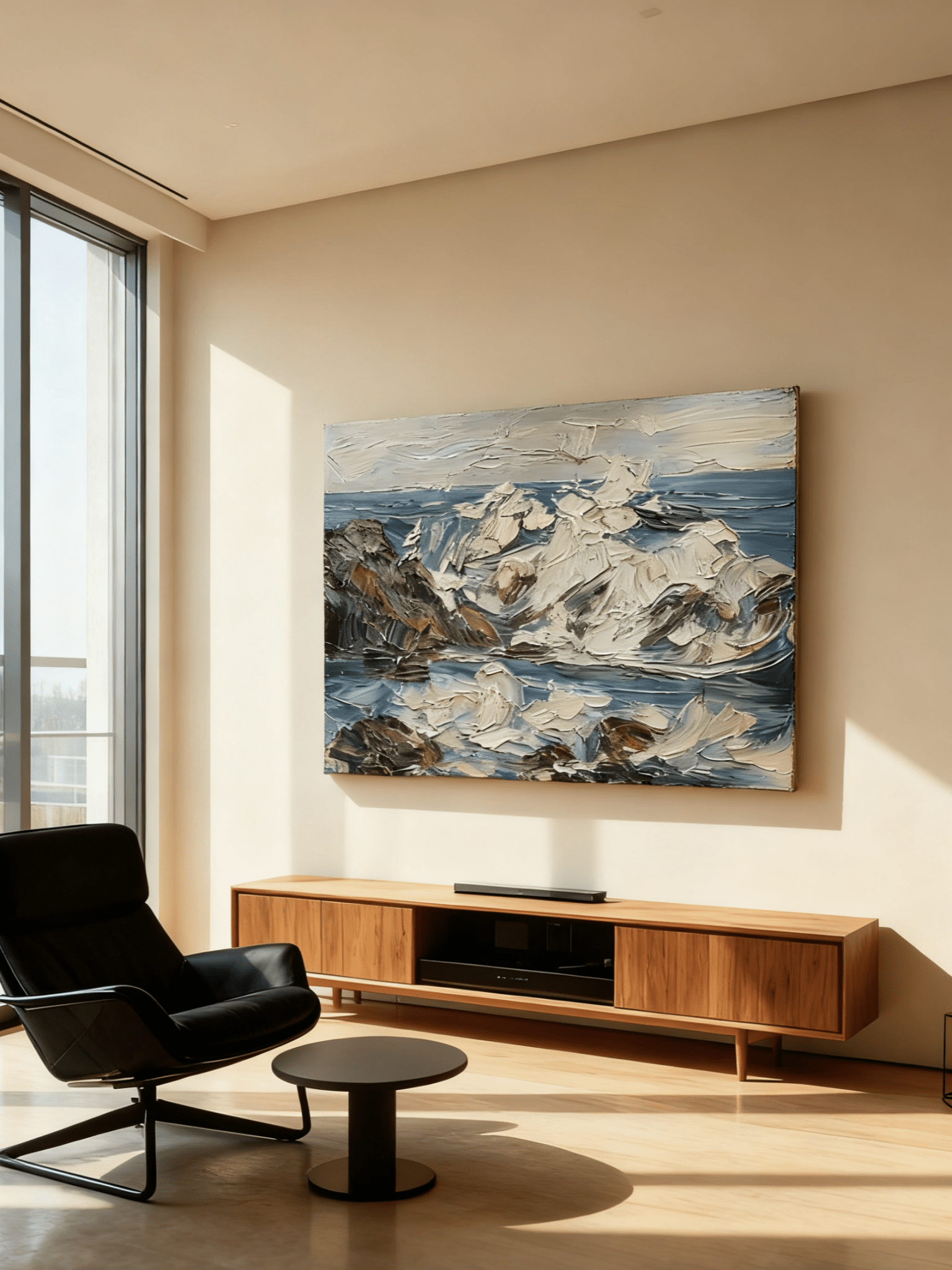 Close-up of textured wave and rock details in hand-painted coastal painting, showing thick impasto brushstrokes