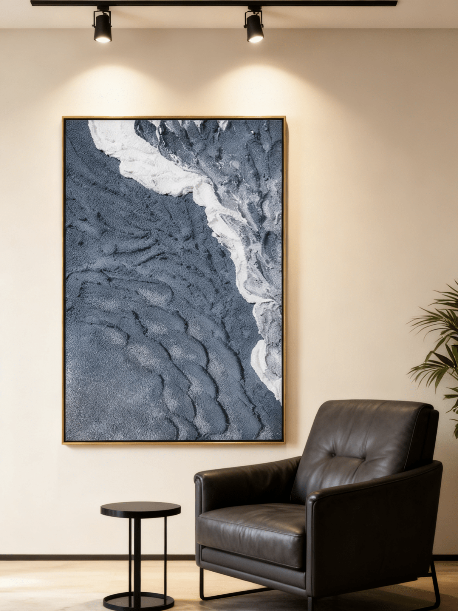Textured abstract seascape artwork displayed in contemporary living room, showcasing coastal wall decor in modern interior