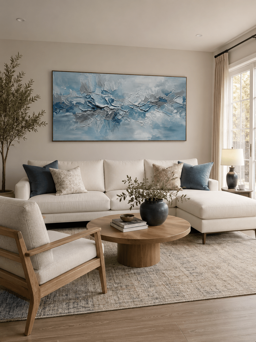 Large hand-painted blue textured abstract ocean wave wall art on panoramic canvas for modern living room decor