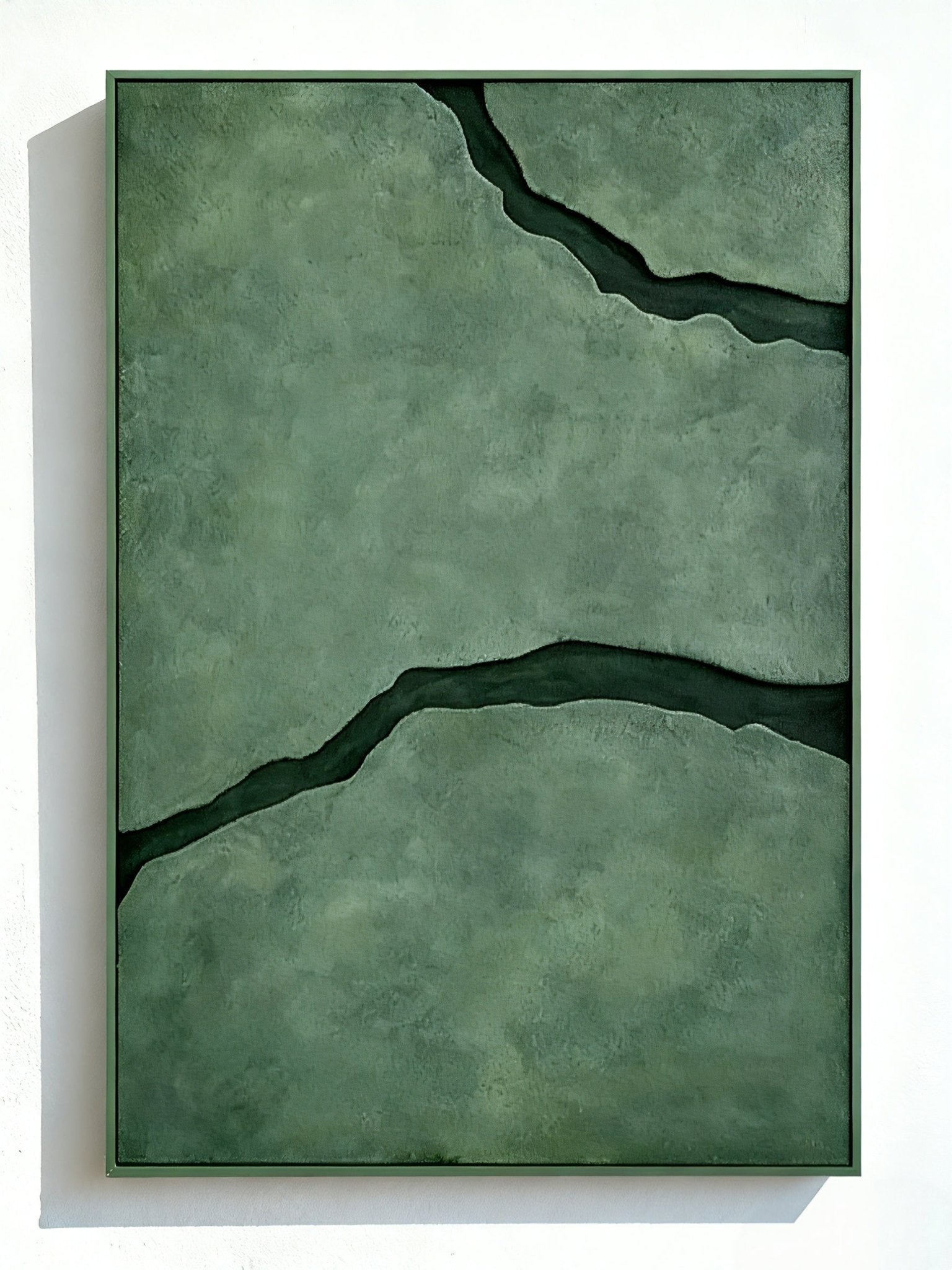 Hand-painted abstract river painting in black and green with heavy texture on canvas, modern textural wall art