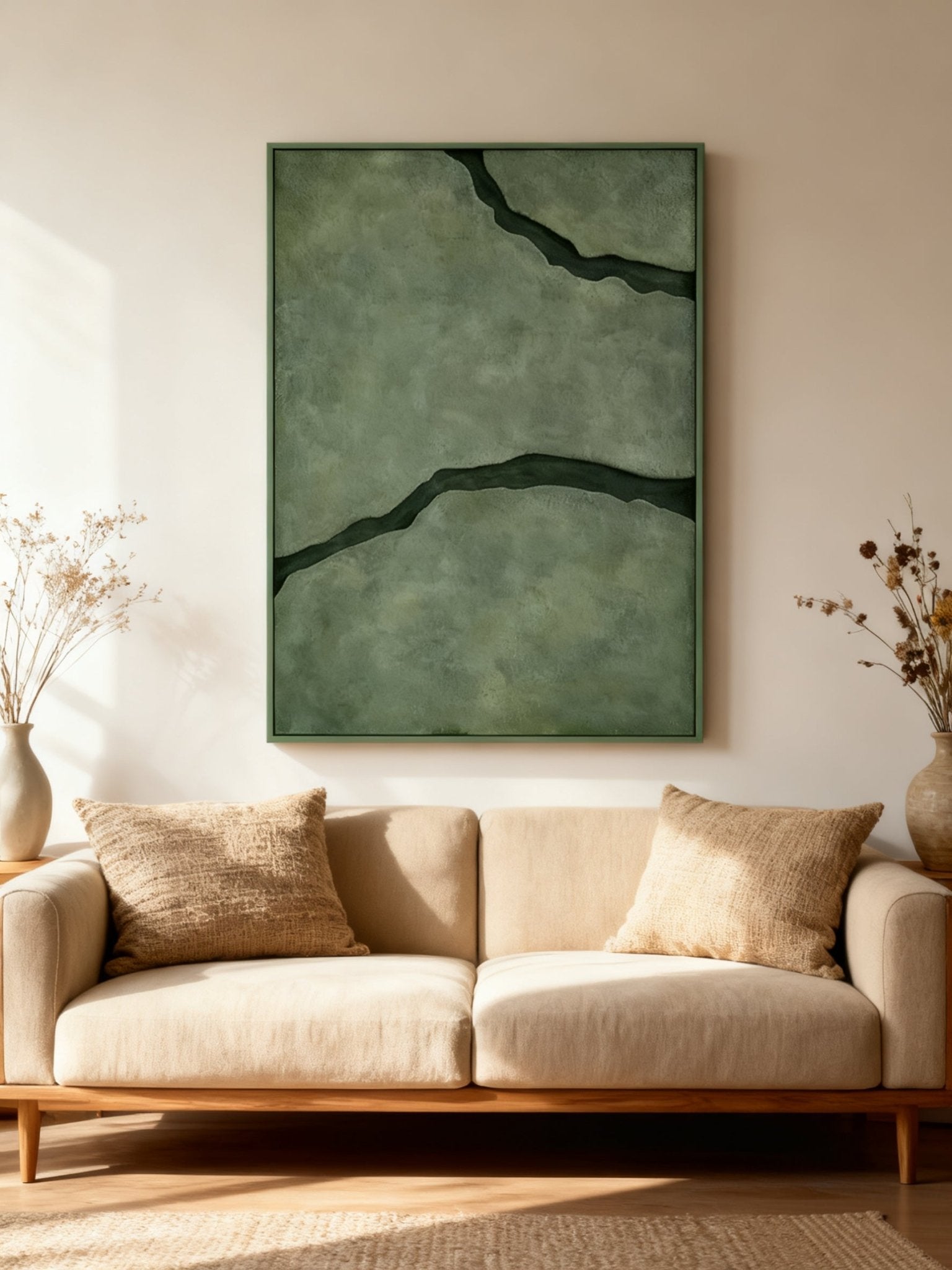 Black and green abstract textured river canvas art displayed on a modern living room wall