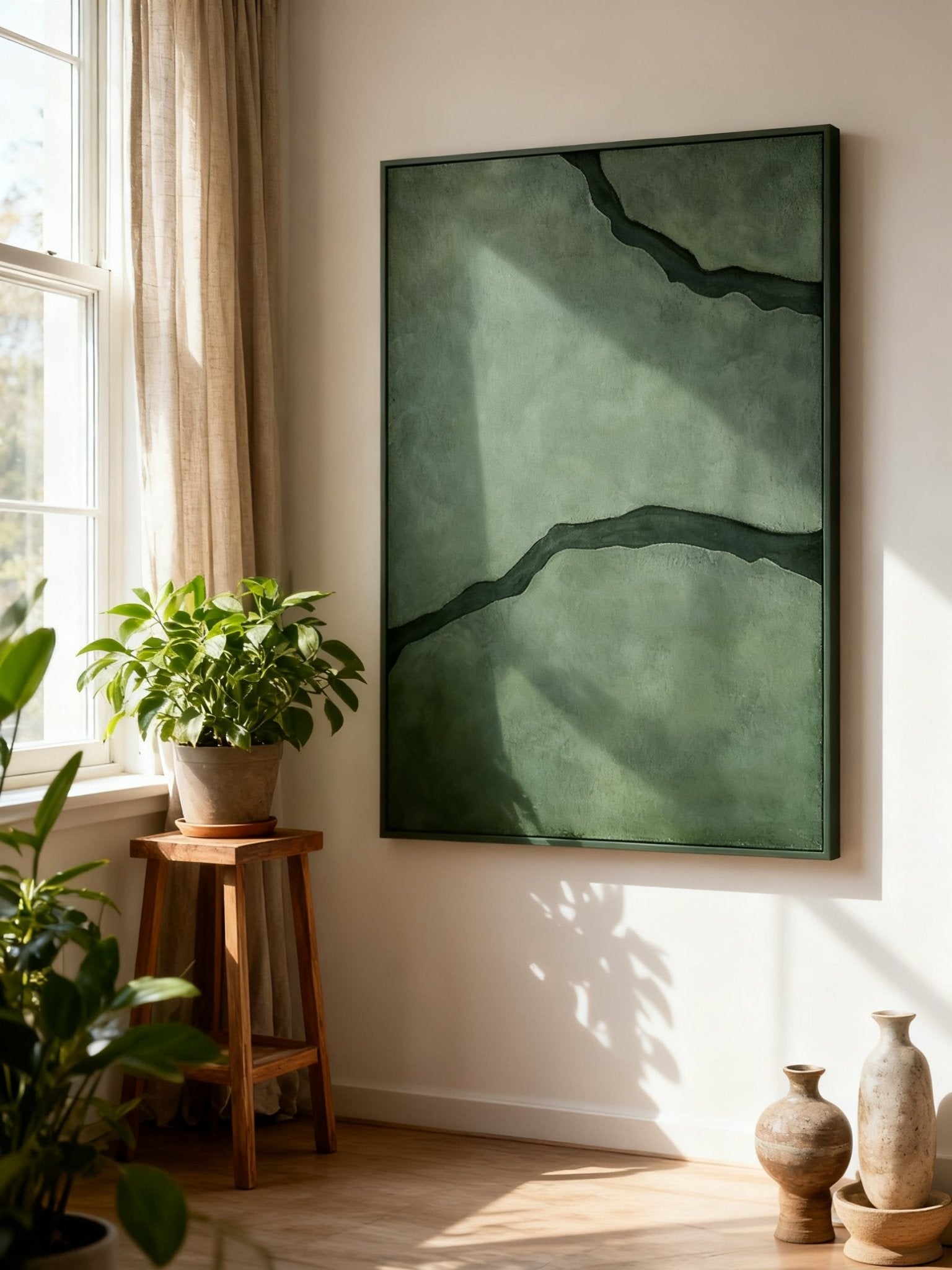 Black and green abstract textured river canvas art displayed on a modern living room wall