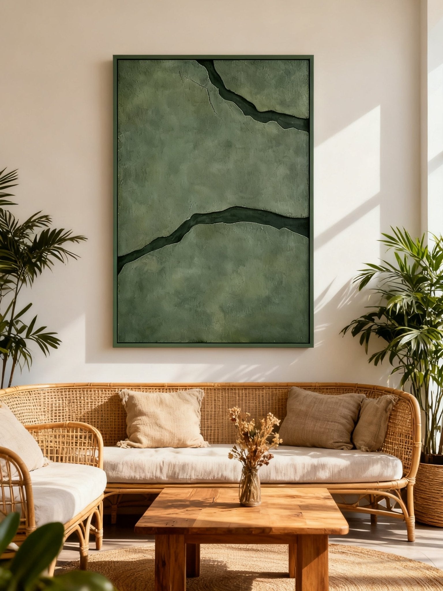 Black and green abstract textured river canvas art displayed on a modern living room wall