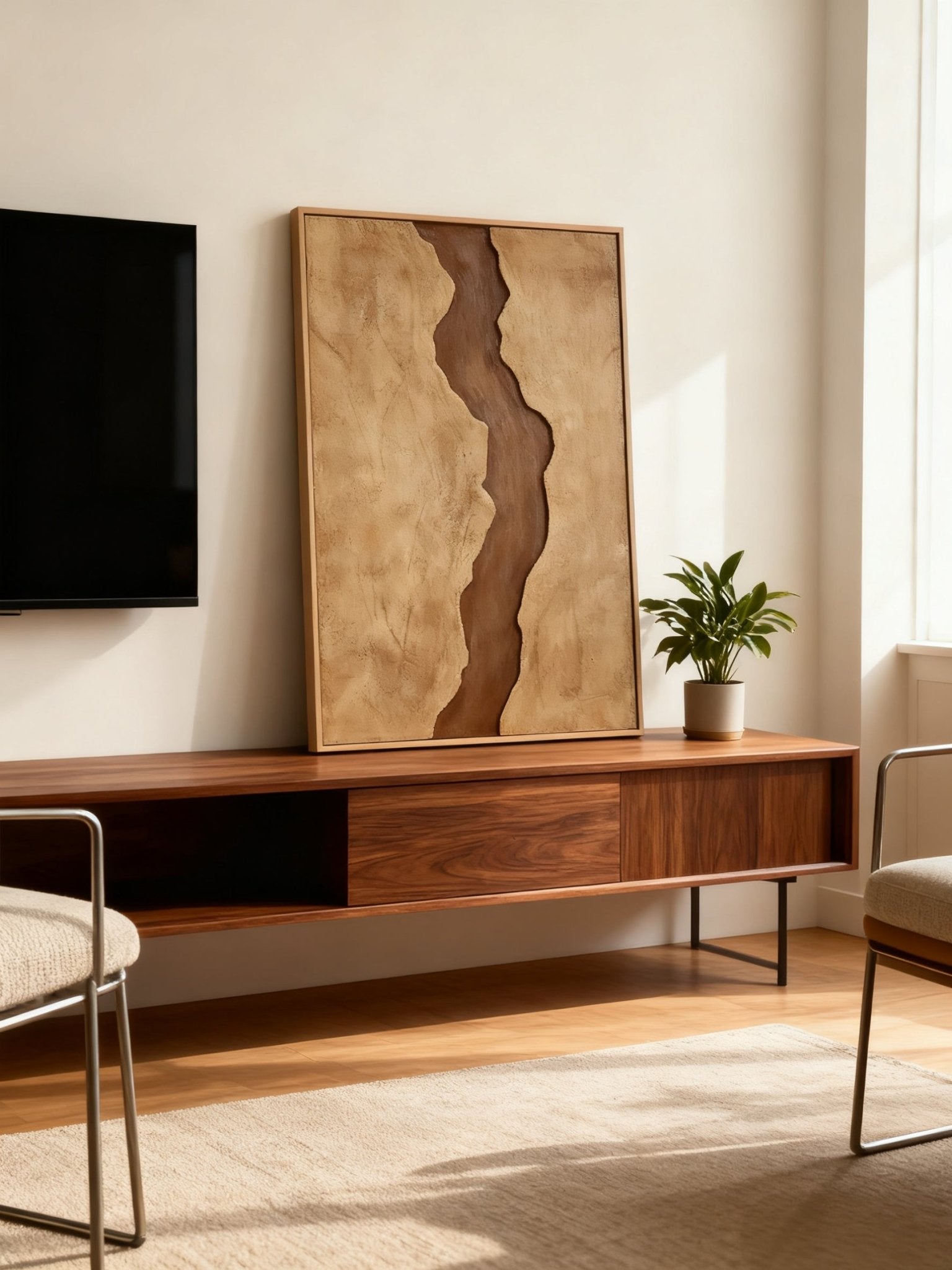 Brown and beige abstract river wall art displayed in modern living room, showing earthy tone decor