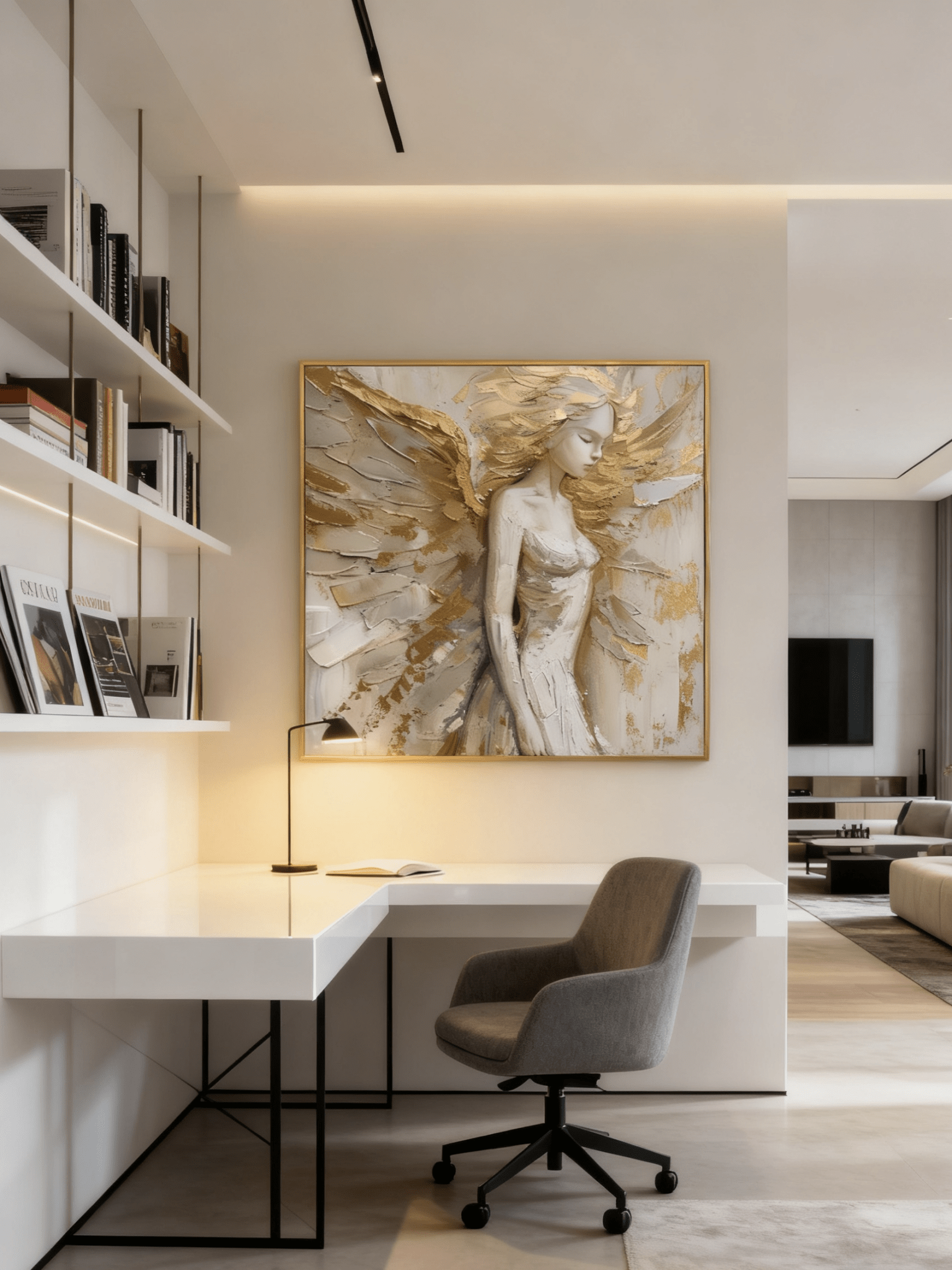 Hand-painted textured angel wall art with gold wings and 3D impasto technique