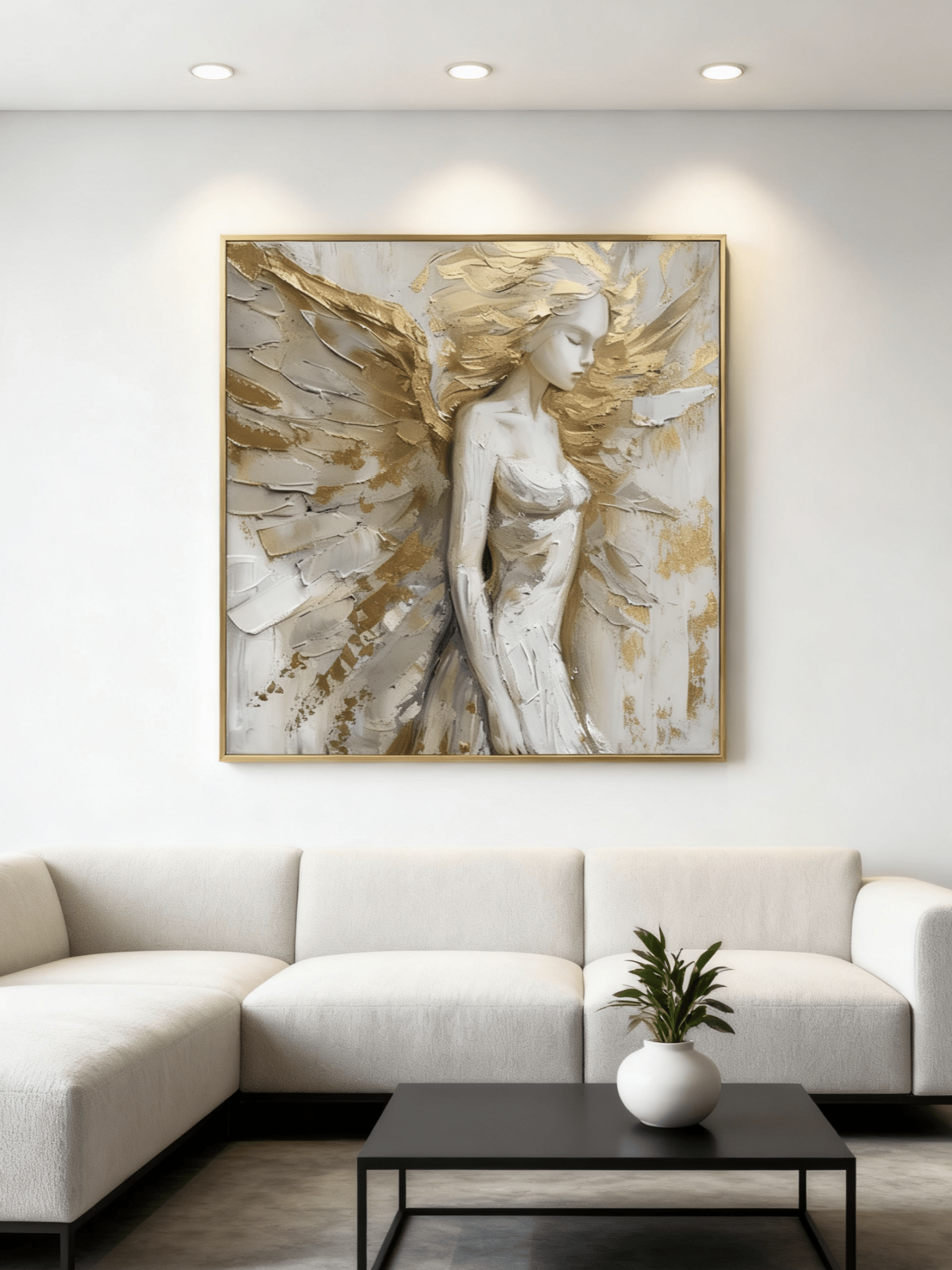 Hand-painted textured angel wall art with gold wings and 3D impasto technique