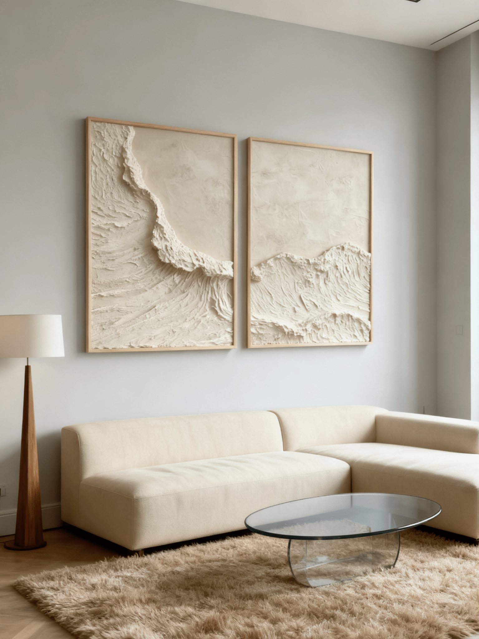 Hand-painted white ocean diptych wall art with heavy texture on two canvas panels