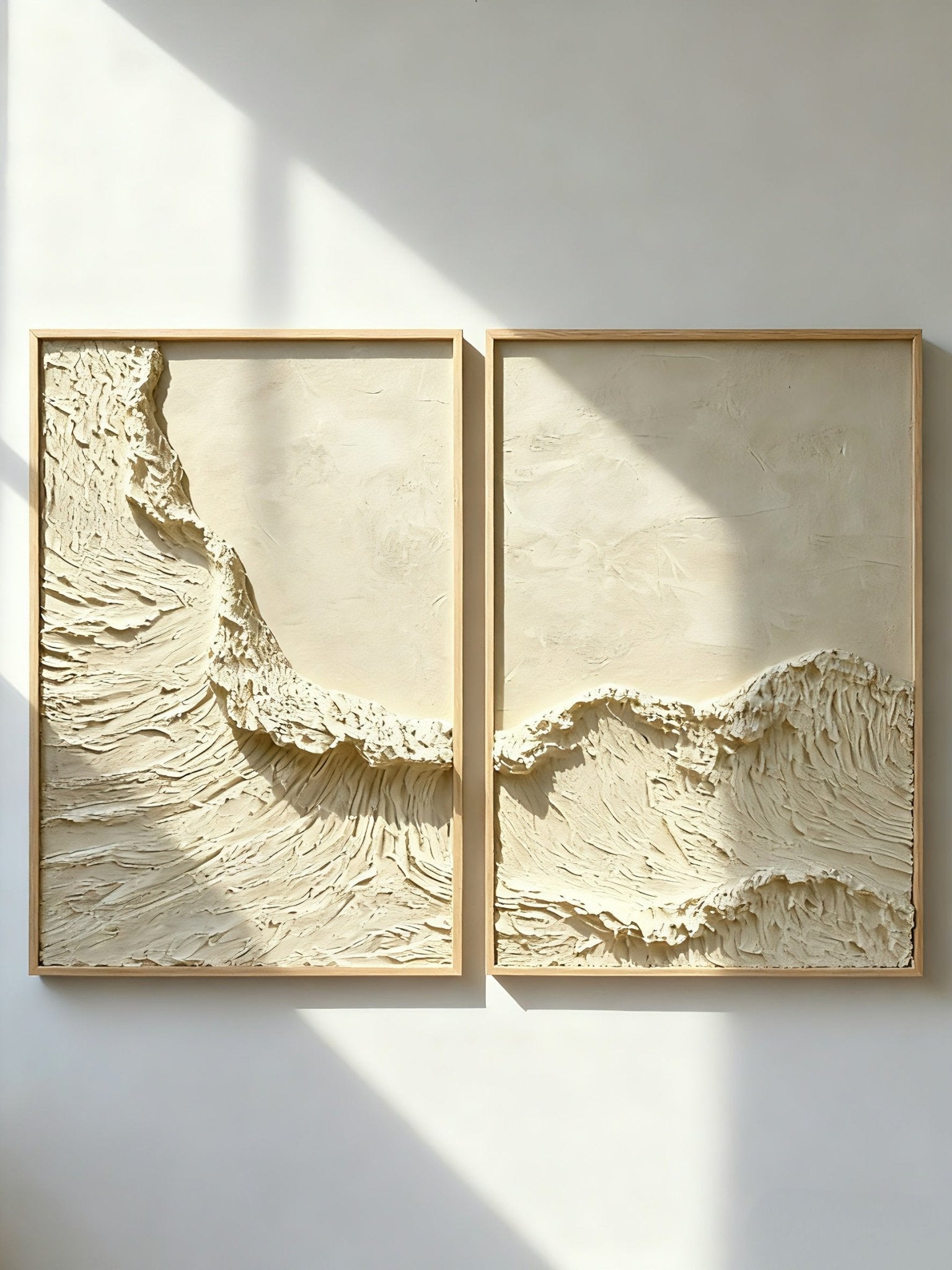 Hand-painted white ocean diptych wall art with heavy texture on two canvas panels