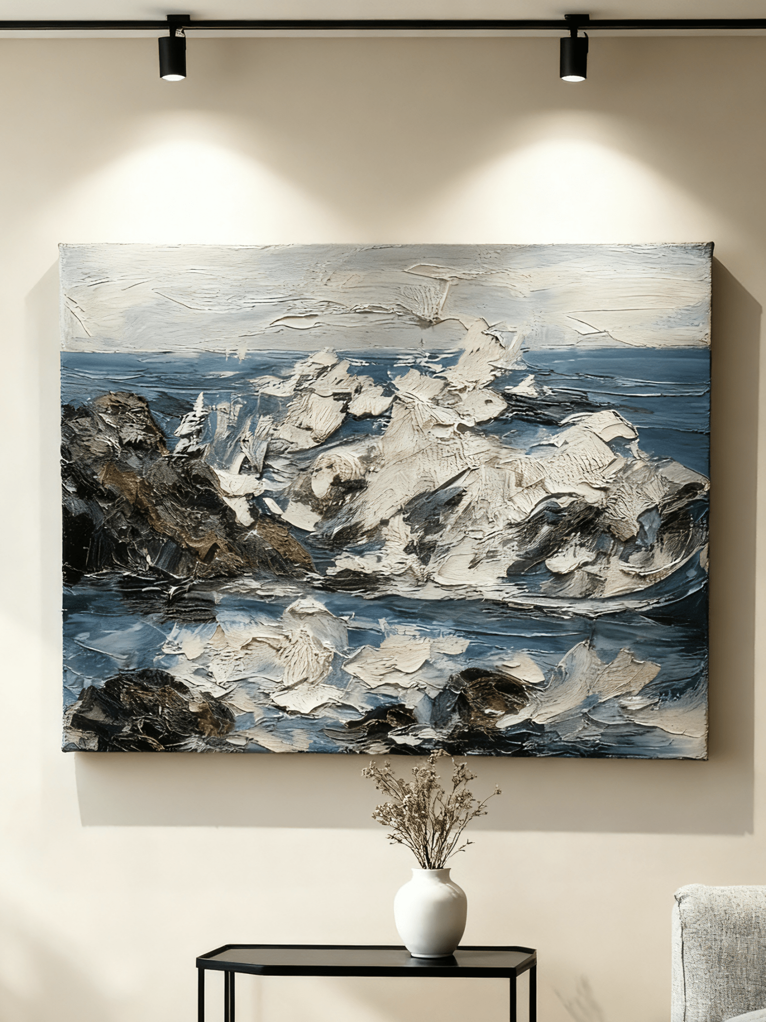 Close-up of textured wave and rock details in hand-painted coastal painting, showing thick impasto brushstrokes