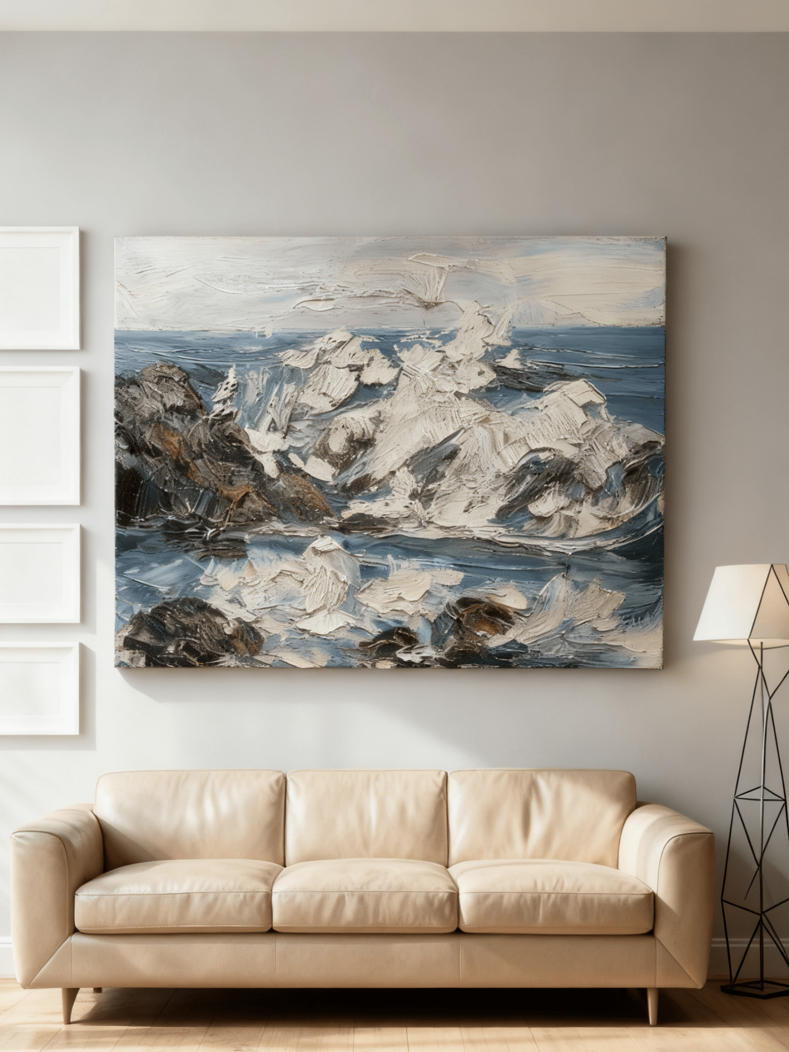 Close-up of textured wave and rock details in hand-painted coastal painting, showing thick impasto brushstrokes