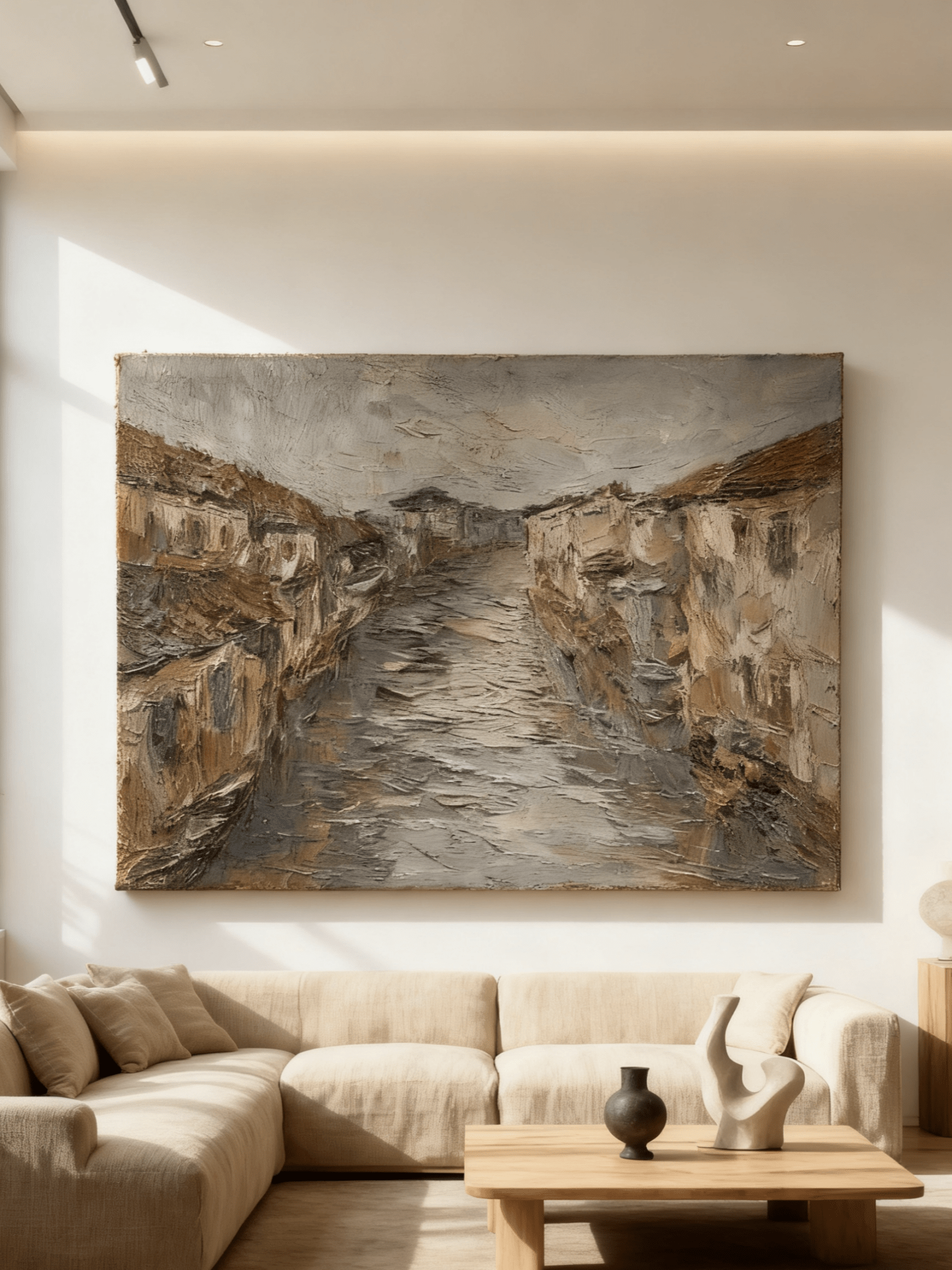 Hand-painted textured oil painting of a European riverside town with 3D impasto effect on canvas