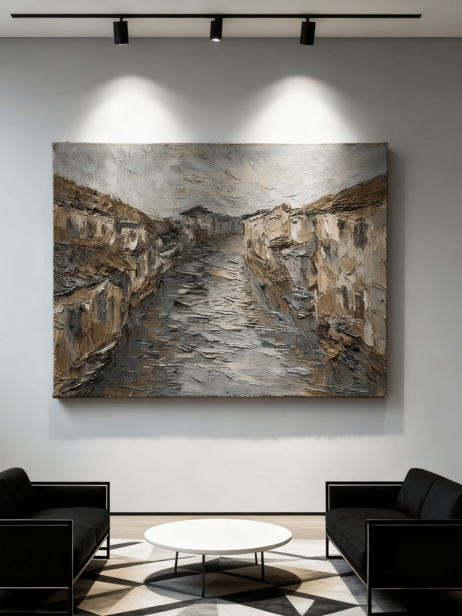 Hand-painted textured oil painting of a European riverside town with 3D impasto effect on canvas