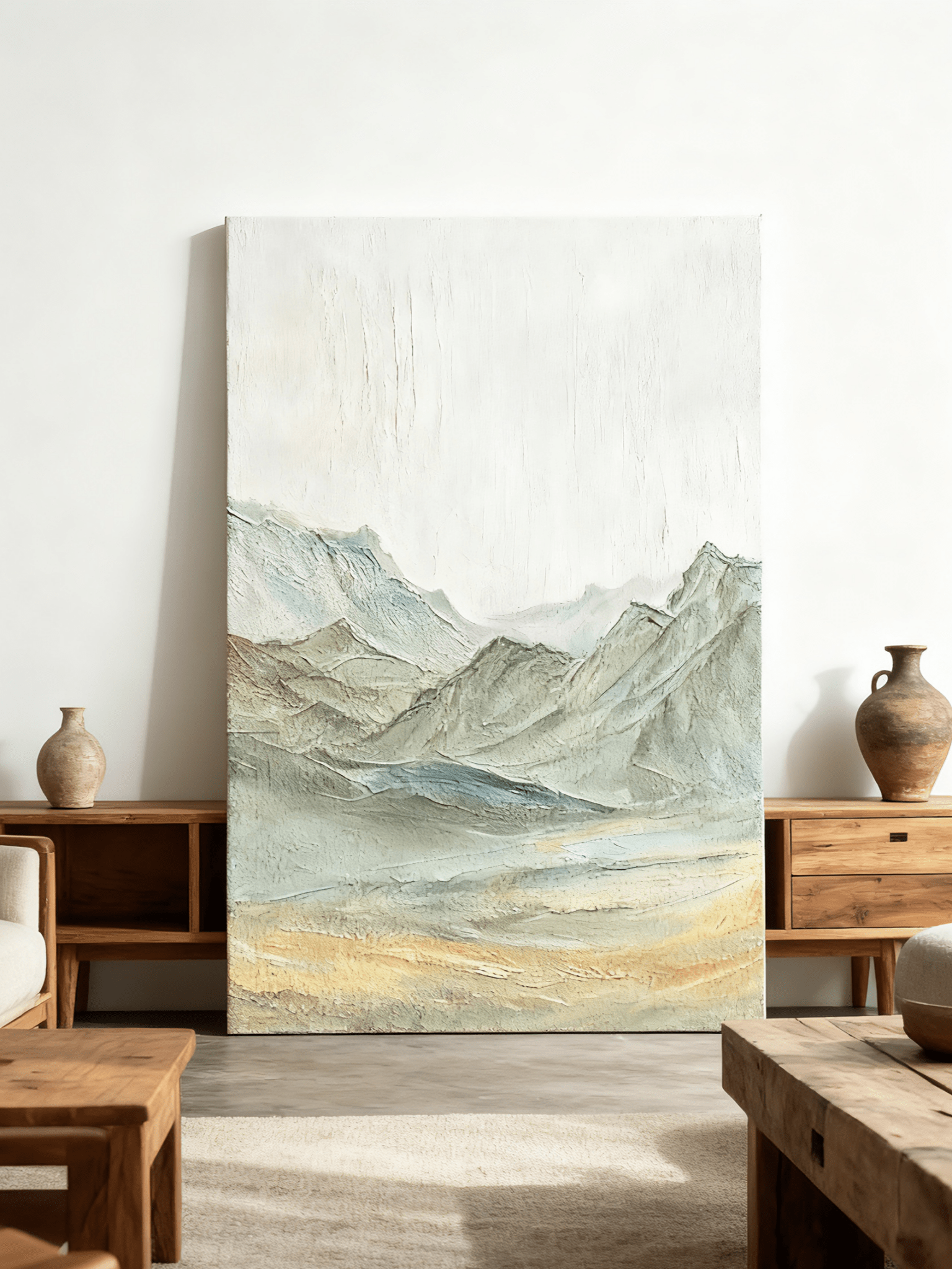 Close-up detail showing thick impasto texture in mountain painting, hand-painted brushstrokes