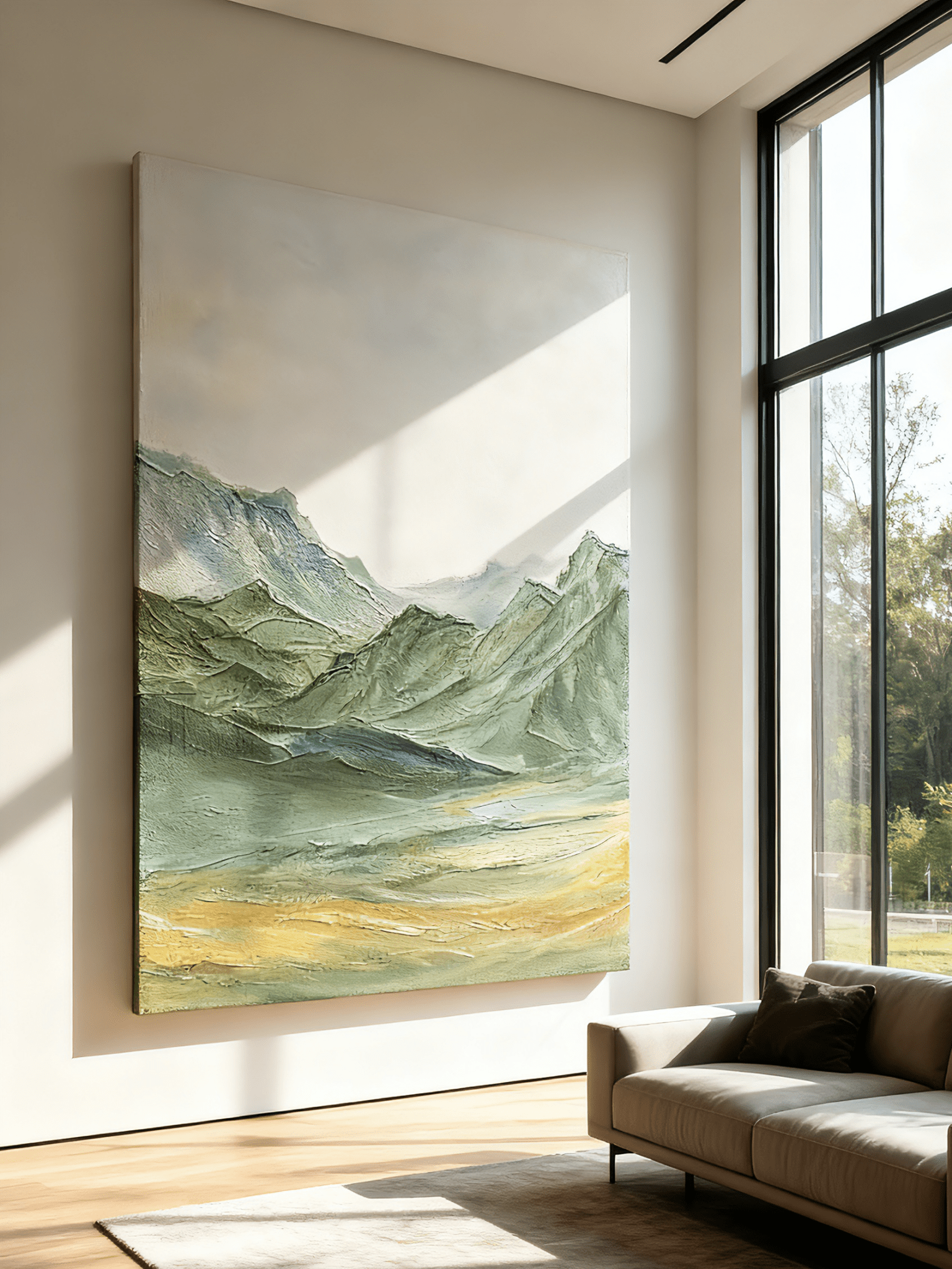 Close-up detail showing thick impasto texture in mountain painting, hand-painted brushstrokes