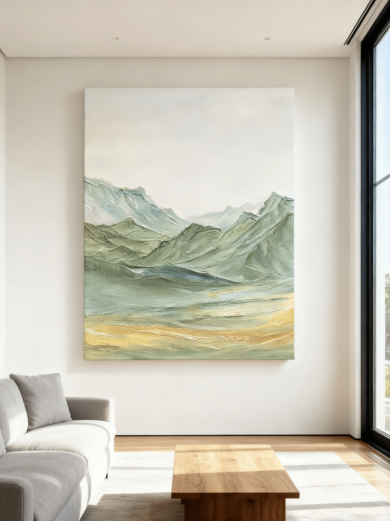 Close-up detail showing thick impasto texture in mountain painting, hand-painted brushstrokes