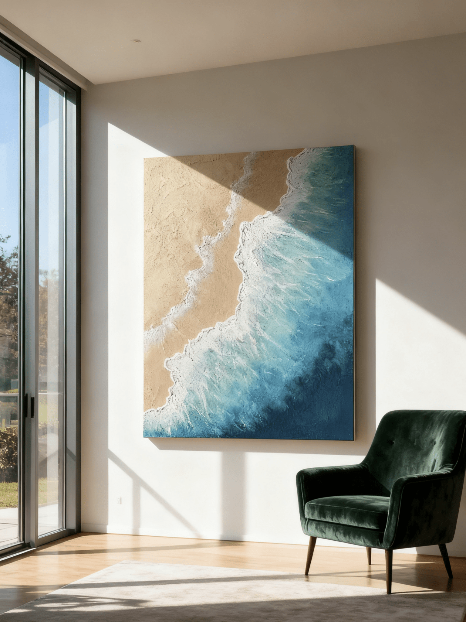 Close-up of impasto texture in shoreline painting, showing thick brushstrokes and sand details